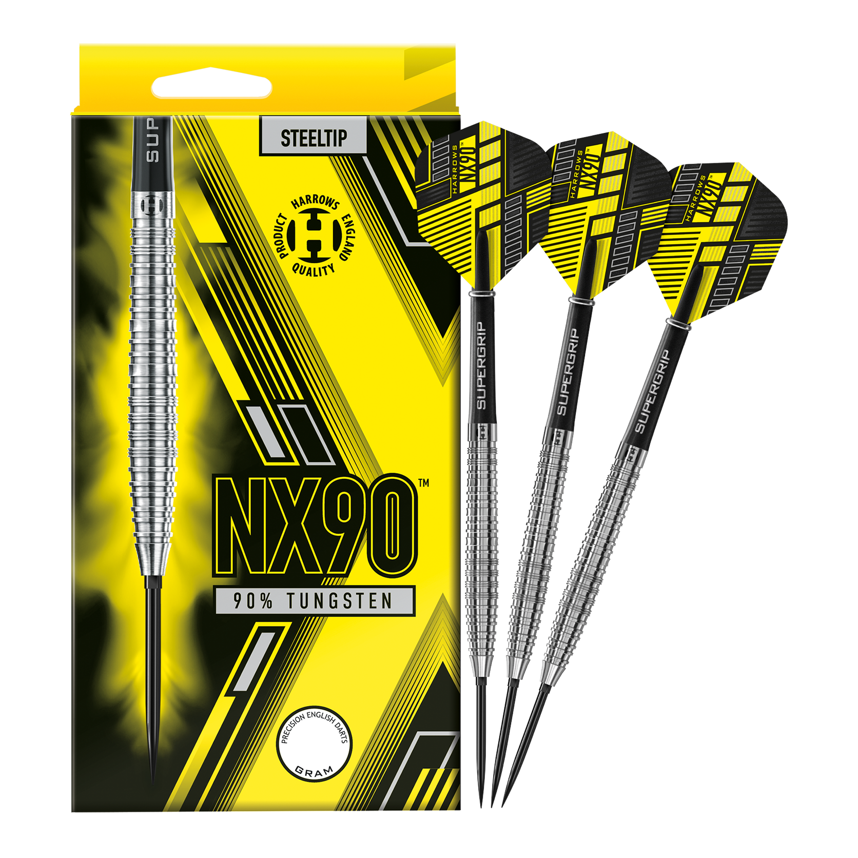 Harrows NX90 Tapered Quick Point Steel Darts Das Bild zeigt die Harrows NX90 Tapered Quick Point Steeldarts in voller Ansicht. Die Steeldarts sind für Präzision und Qualität bekannt.