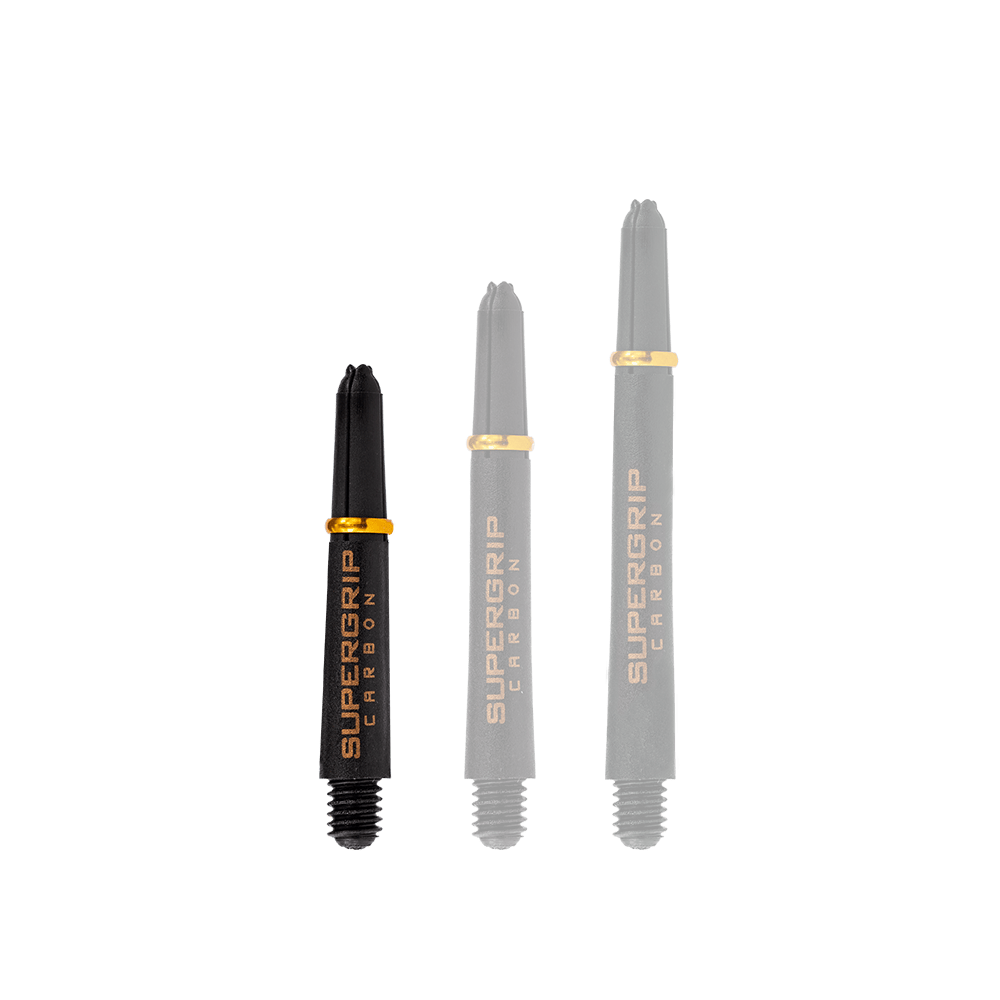 HR351_Harrows_Supergrip_Carbon_Shafts_Gold_33mm_1 Das Bild zeigt drei Harrows Supergrip Carbon Shafts in der Farbe Gold in unterschiedlichen Längen. Die Dartschäfte sind schwarz mit goldenen Akzenten und der Aufschrift "Supergrip Carbon".