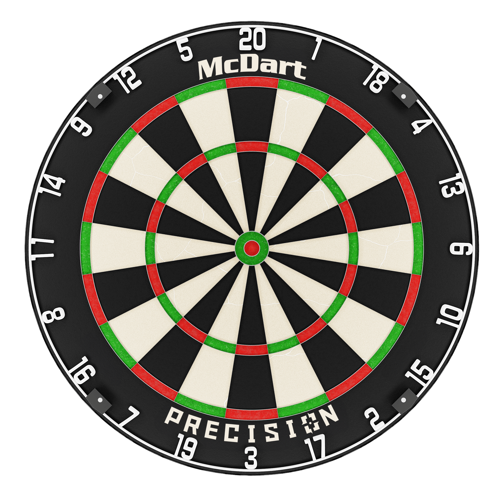 McDart Precision steel dartboard McDart Precision Steeldartboard ist auf dem Bild zentral dargestellt. Die Dartsegmente sind schwarz und weiß.