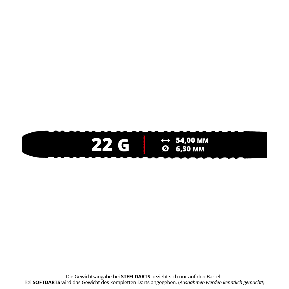 McDart Black Ring 2 steel dart barrels - 22g Das Bild zeigt die McDart Black Ring 2 Steeldart-Barrels mit einem Gewicht von 22g. Es handelt sich um schwarze Dart-Barrels für Steeldartspiele.
