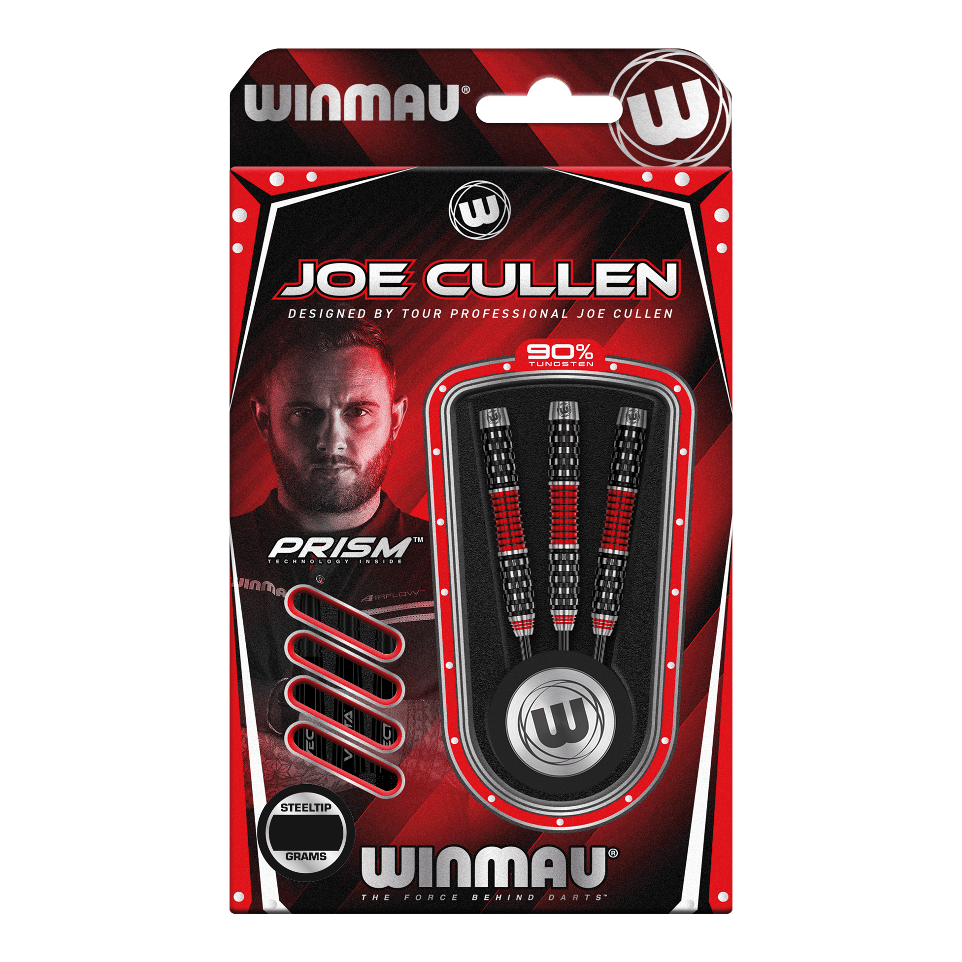 Winmau Joe Cullen Rockstar Series RS1 steel darts Die Verpackung zeigt die "Winmau Joe Cullen Rockstar Series RS1 Steeldarts". Im Inneren sind drei schwarz-rote Steeldarts zu sehen, die von Profispieler Joe Cullen entworfen wurden.