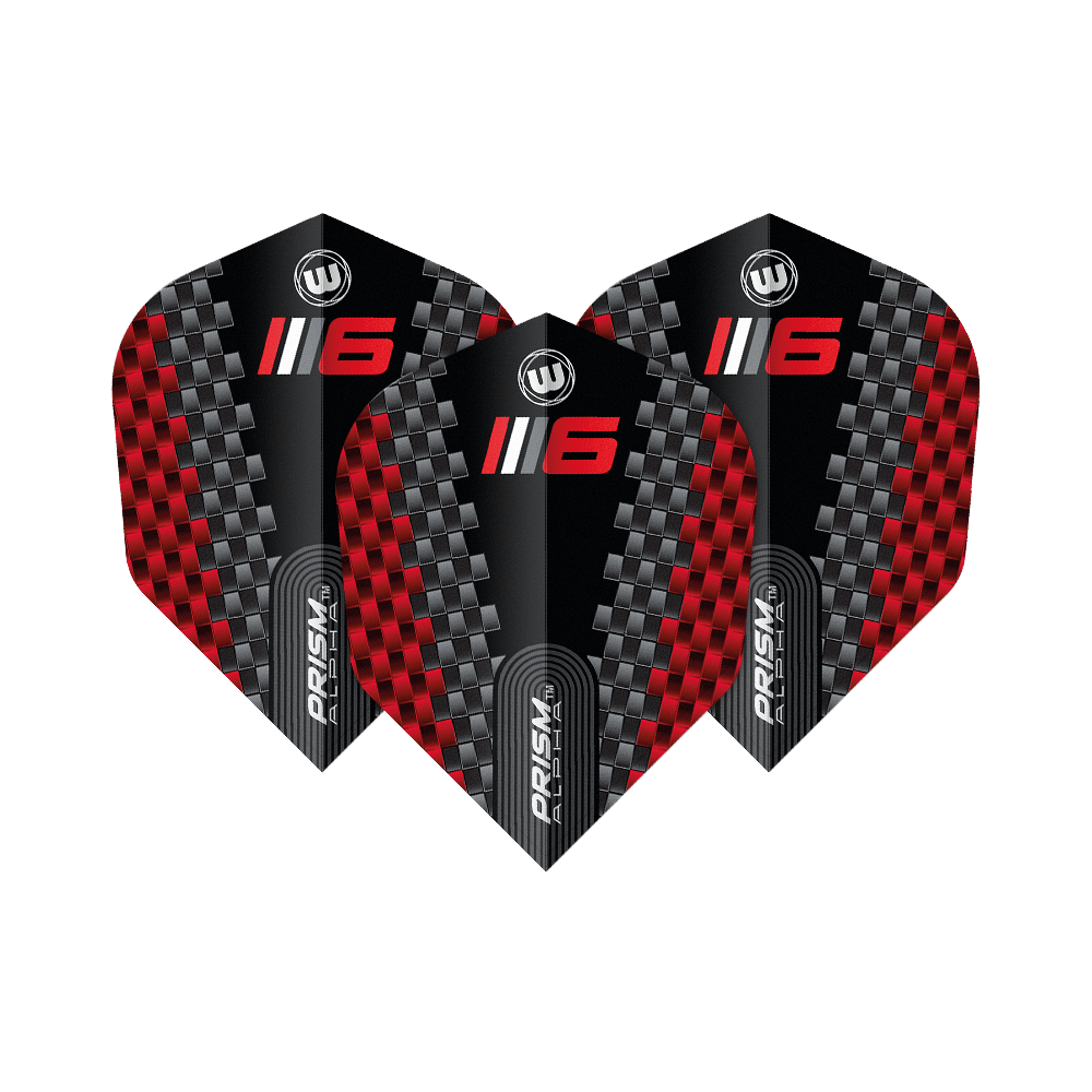 Winmau Prism Alpha Blade 6 Chevron No6 Flights Das Bild zeigt drei Dart-Flights des Modells "Winmau Prism Alpha Blade 6 Chevron No6". Die Flights haben ein schwarzes Design mit roten und silbernen Karomustern sowie der Aufschrift „6“ und „PRISM ALPHA“.