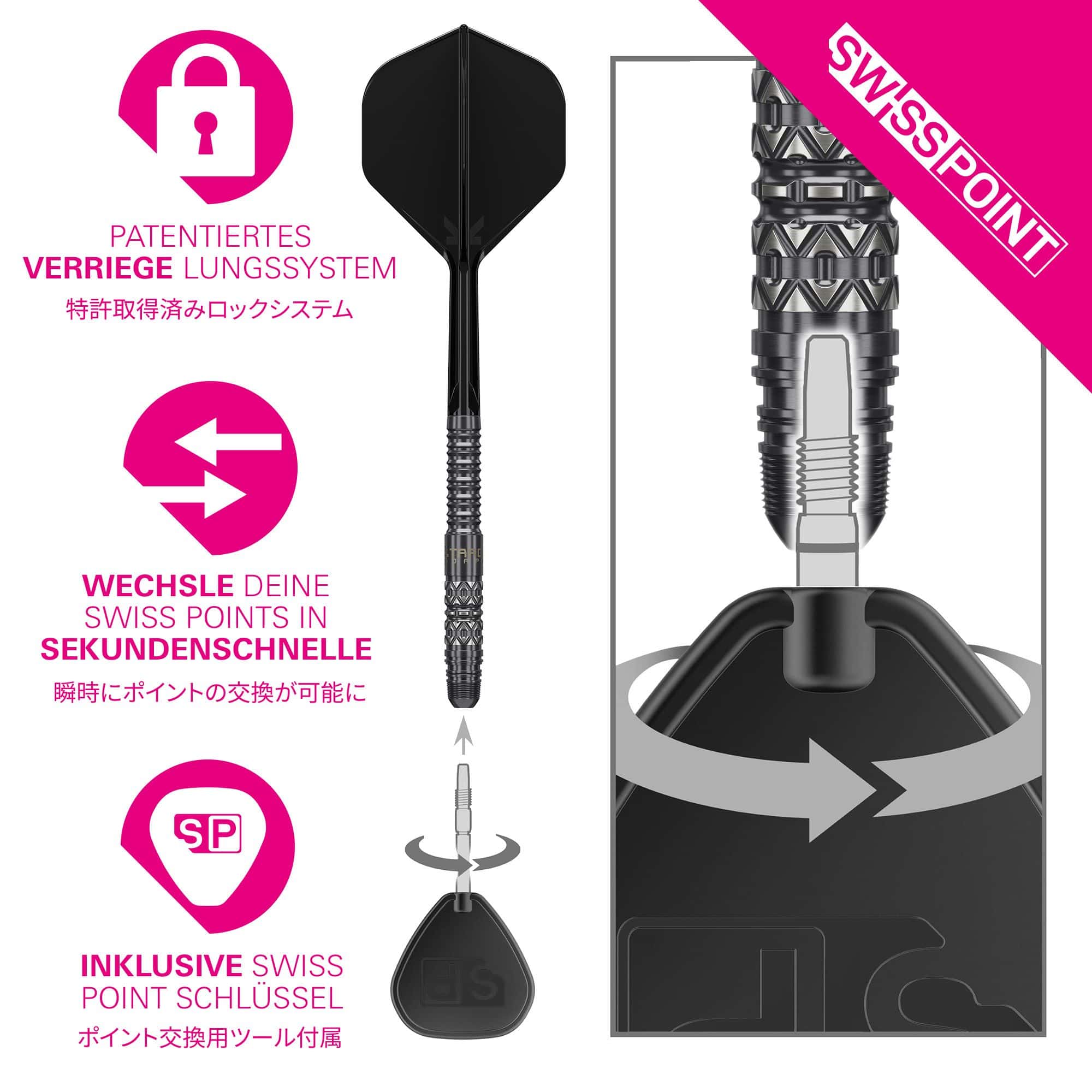 Target Japan Black Marque Creed Swiss Point Steel Darts - 23g Target Japan Black Marque Creed Swiss Point Steeldarts - 23g auf dem Foto. Die Dartpfeile sind für Präzision und Kontrolle entwickelt.