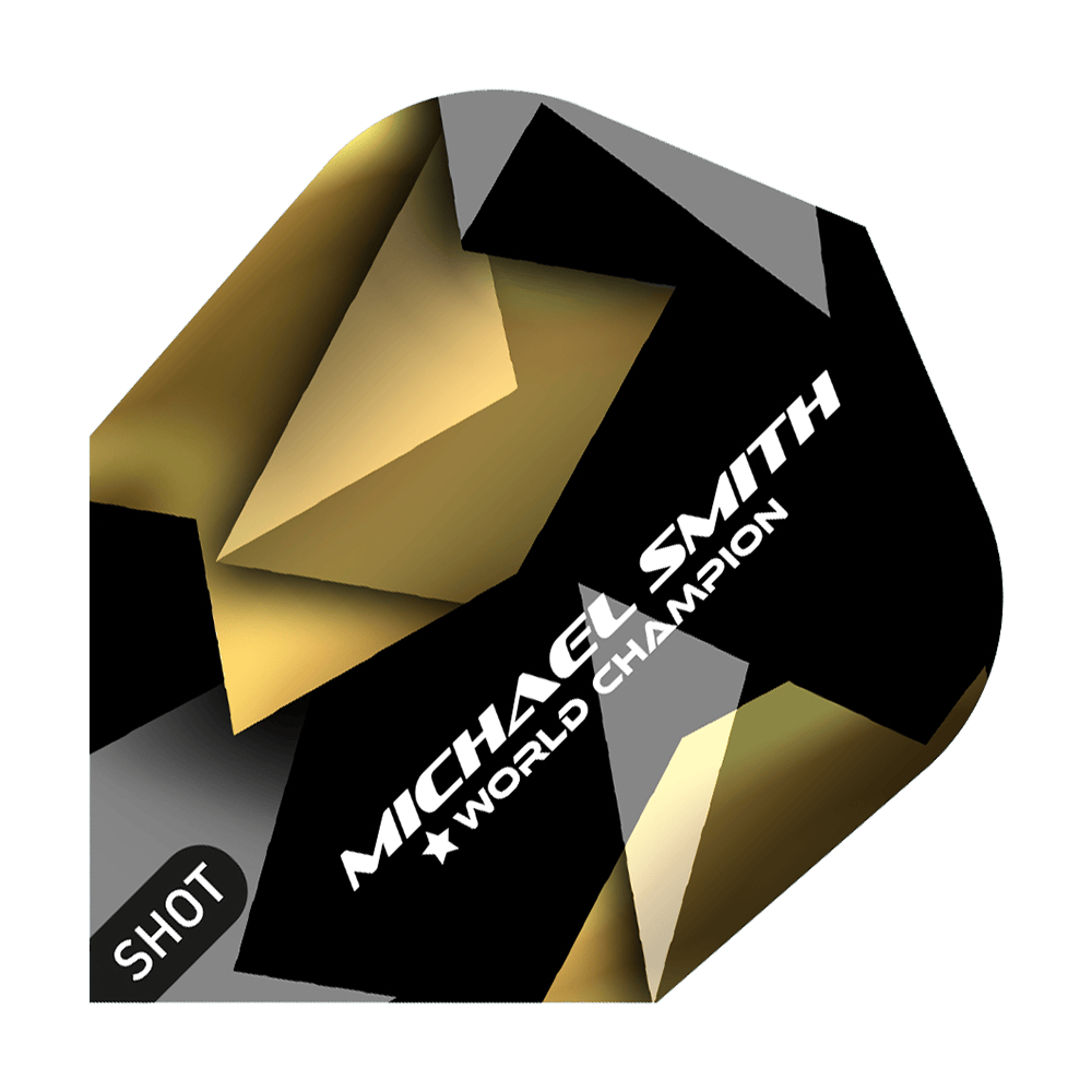 Shot Michael Smith Believe No6 Flights Das Bild zeigt ein Dart-Flight mit dem Namen "Shot Michael Smith Believe No6 Flights". Auf dem Flight sind die Worte "Michael Smith World Champion" sowie ein modernes, gold-schwarzes Design zu sehen.