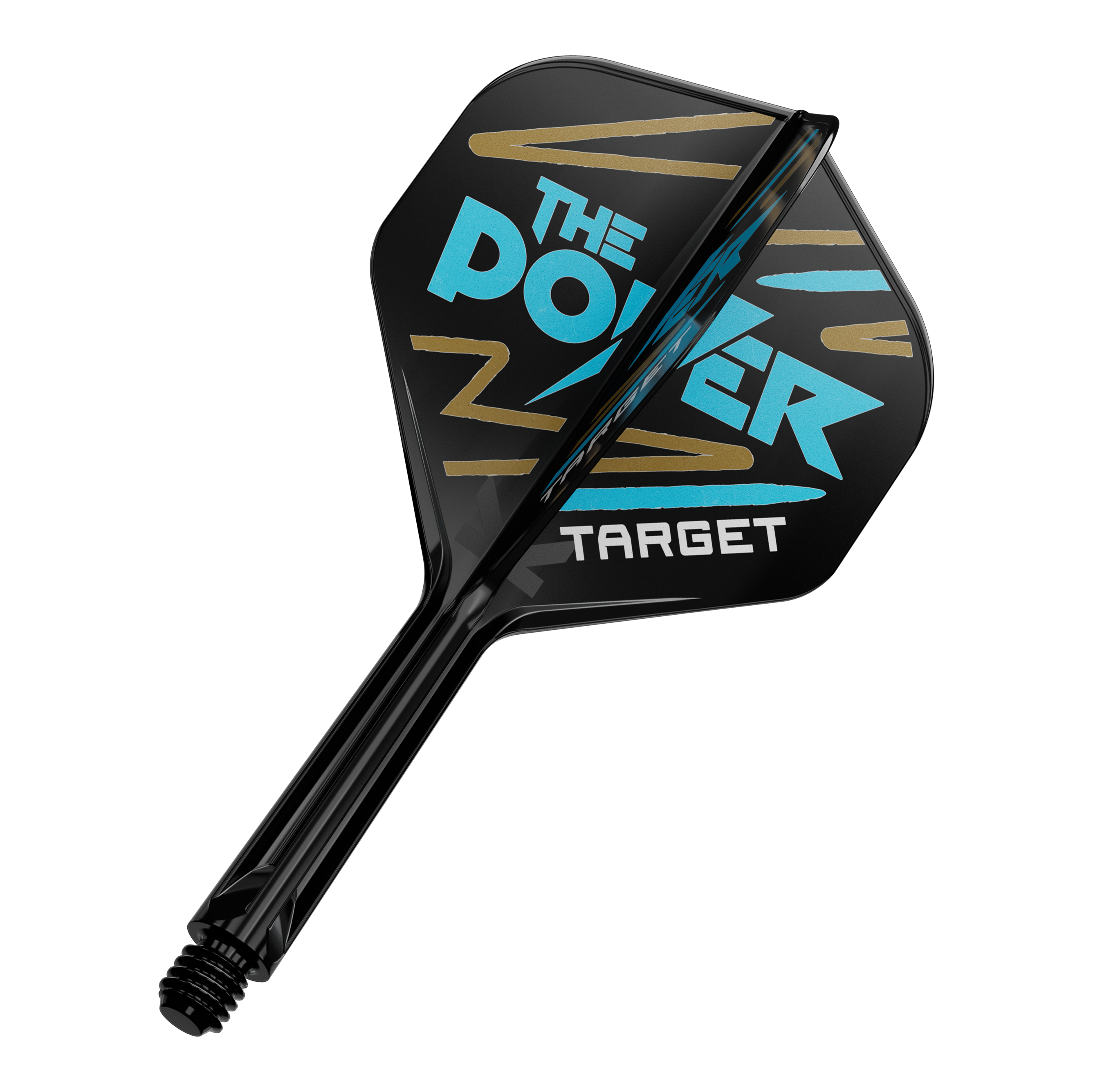 Target K-Flex Phil Taylor No2 Standard Flight Shaft System Das Bild zeigt einen Dartpfeil mit schwarzem Flight und blauer sowie goldener Aufschrift. Auf dem Flight steht "THE POWER TARGET" in auffälligen Buchstaben.