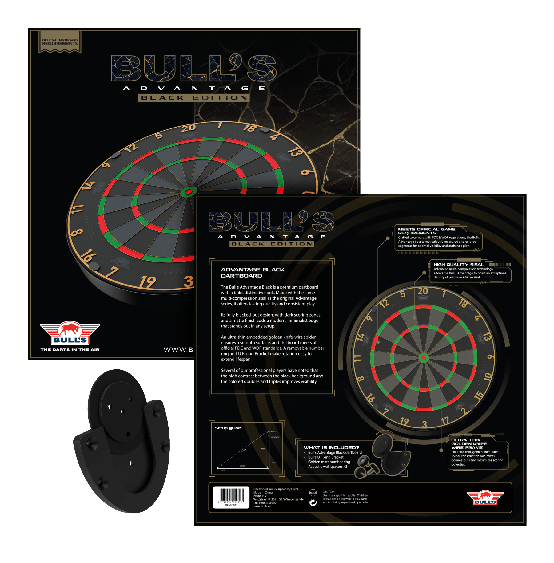 Bulls NL Advantage Black Edition steel dartboard Das Bild zeigt das Bulls NL Advantage Black-Edition Steeldartboard. Dies ist eine schwarze Dartscheibe für Steeldart-Spiele.
