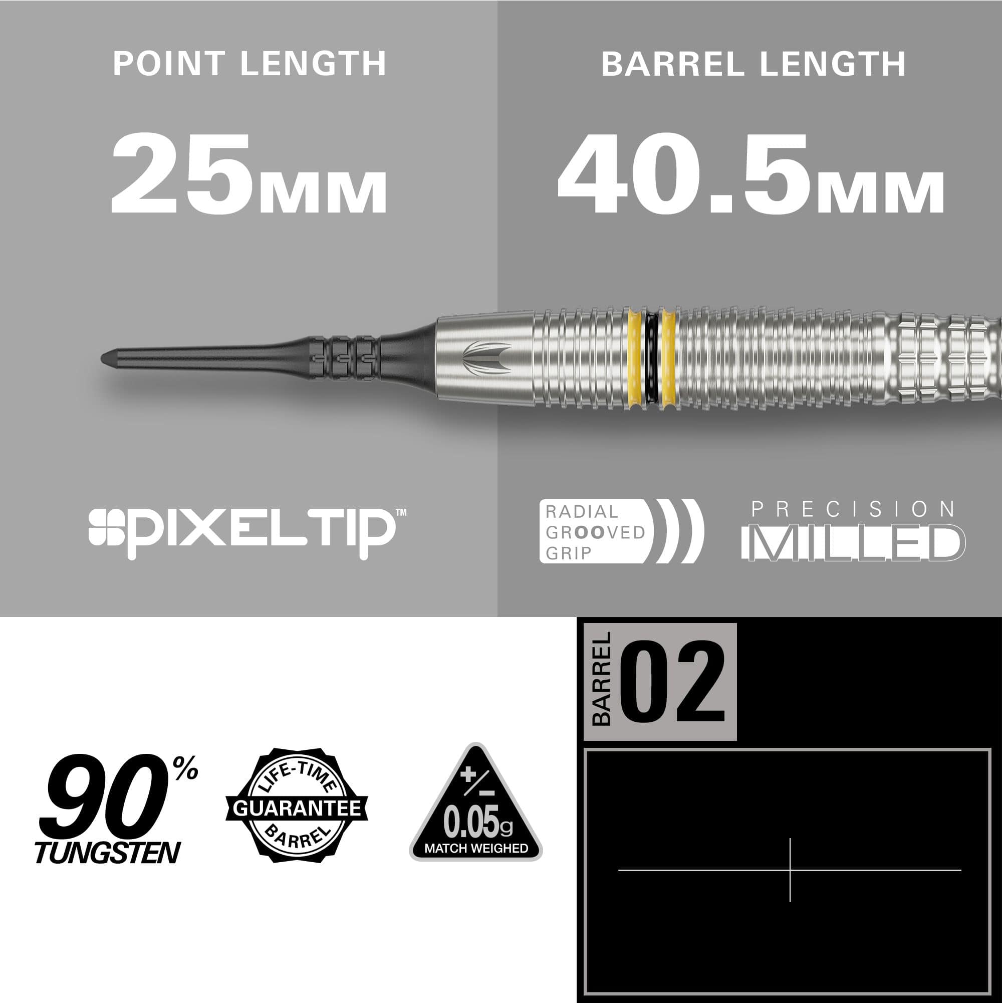 Das Bild zeigt die Target Scott Williams GEN2 Softdarts mit einer Spitzenlänge von 25 mm und einer Barrel-Länge von 40,5 mm. Der Dart besteht zu 90 % aus Tungsten und verfügt über eine präzise gefräste, radial gerillte Griff-Fläche.
