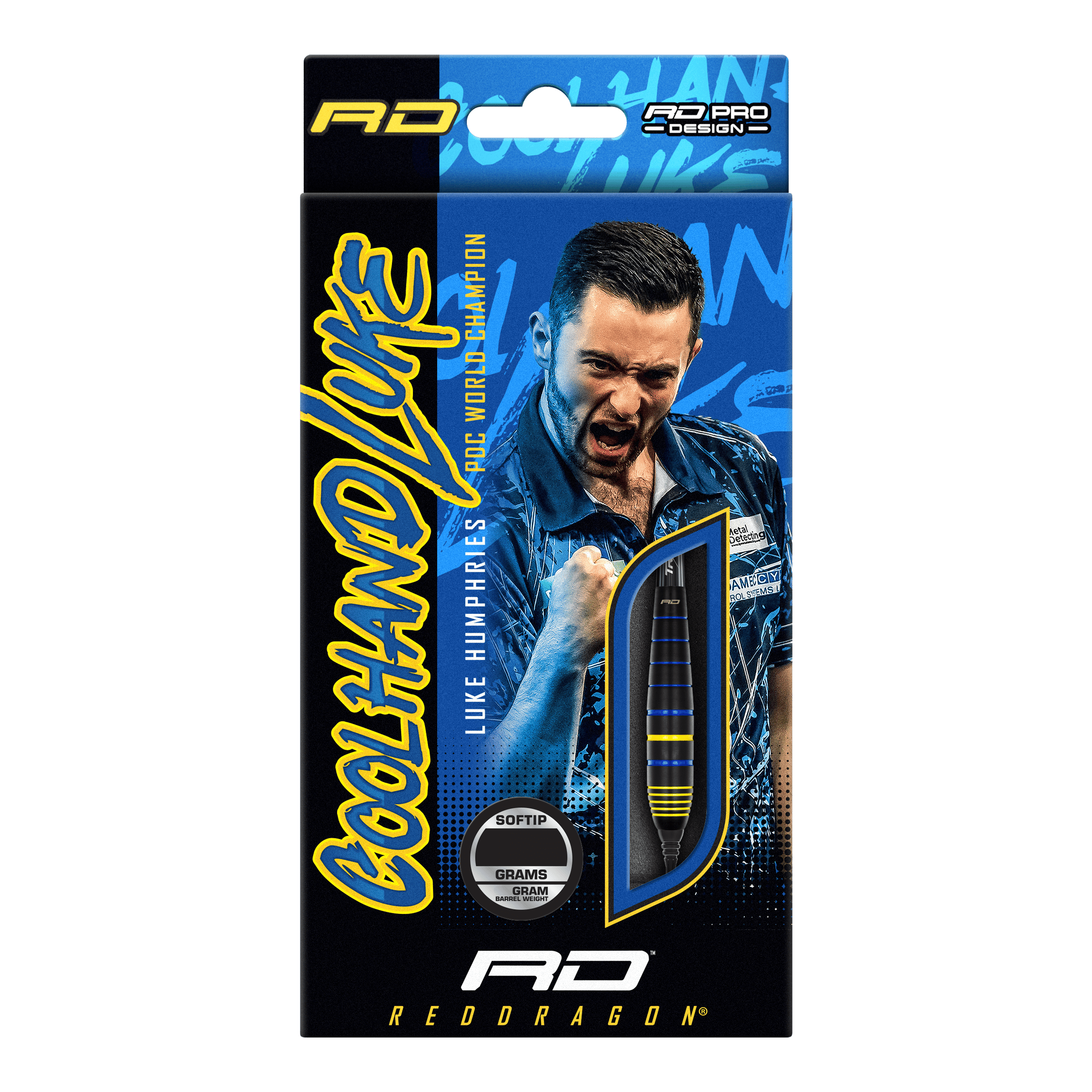 Red Dragon Luke Humphries World Champion Brass Softdarts - 20g Auf der Verpackung ist der Red Dragon Luke Humphries World Champion Brass Softdart mit 20g zu sehen. Im Hintergrund befindet sich ein jubelnder Mann in blauem Hemd.