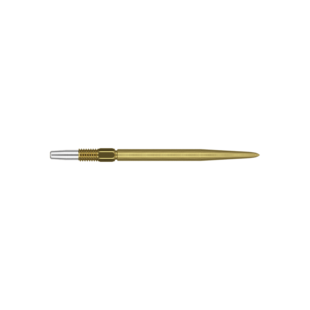 Target Swiss Point Nano Dart Tips - Gold Dies ist eine goldfarbene Dartspitze mit feiner Riffelung. Sie hat am Ende ein silbernes Verbindungsstück.