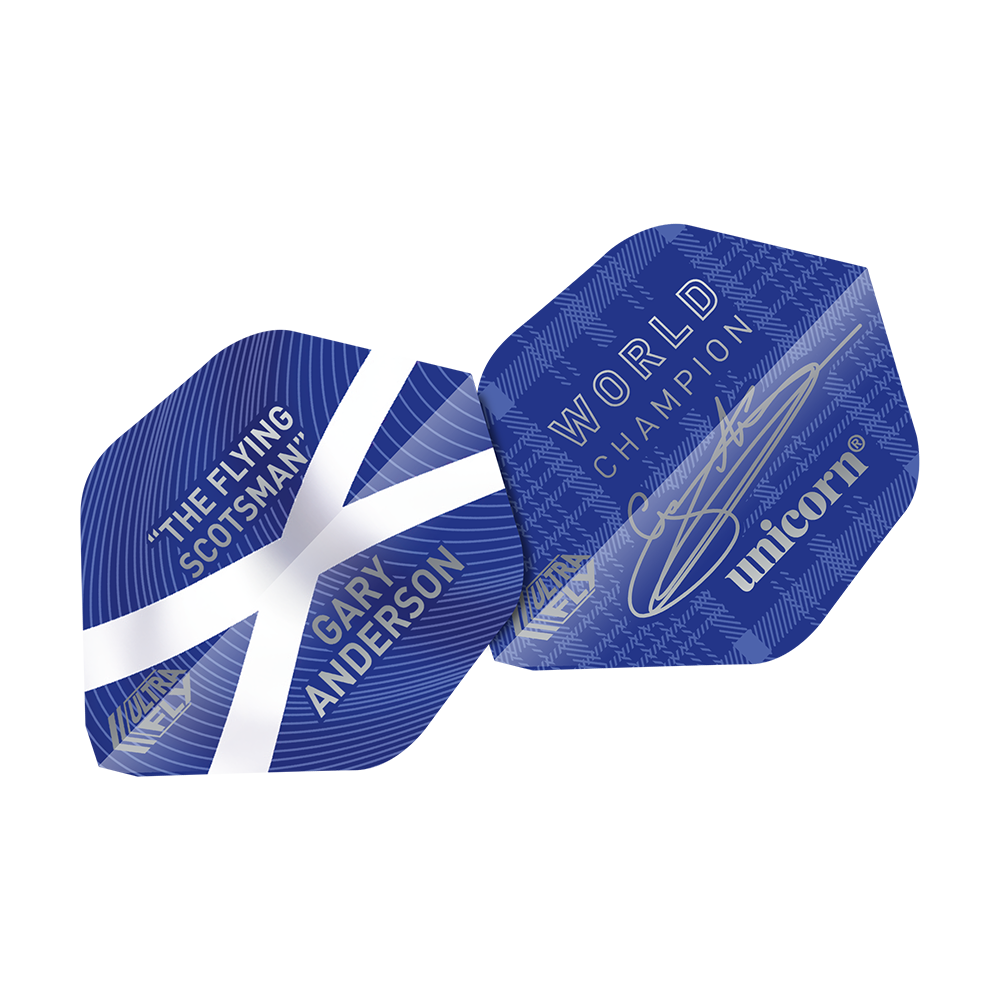 Das Bild zeigt die blauen Dart-Flights "Unicorn Ultra Fly 75 Gary Anderson World Champion AR1". Auf den Flights stehen die Aufschriften "THE FLYING SCOTSMAN", "GARY ANDERSON" und "WORLD CHAMPION" sowie das Unicorn-Logo.