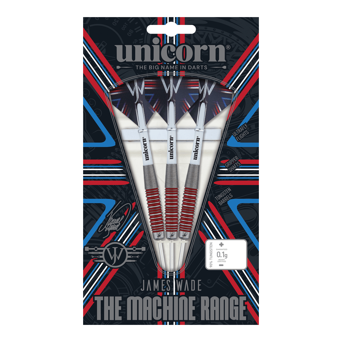 Unicorn The Machine James Wade 90% steel darts Das Bild zeigt eine Verpackung mit drei Steeldarts der Marke "Unicorn" aus der "James Wade The Machine Range". Die Darts bestehen zu 90% aus Tungsten und haben rote und silberne Akzente.