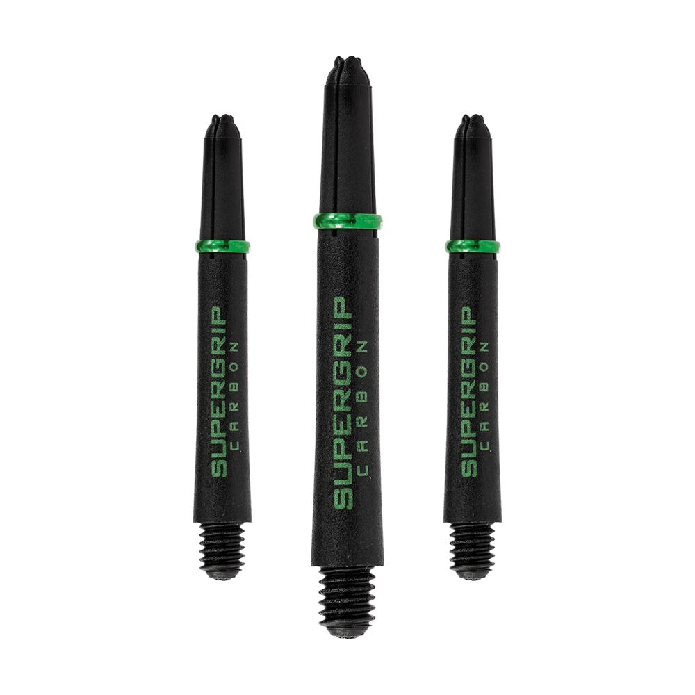 HR361_Harrows_Supergrip_Carbon_Shafts_Gr-n_40mm_1IIOSq6HkOpIu5 Harrows Supergrip Carbon Shafts mit Struktur, in einer Linie angeordnet. Die Schäfte sind detailliert dargestellt.