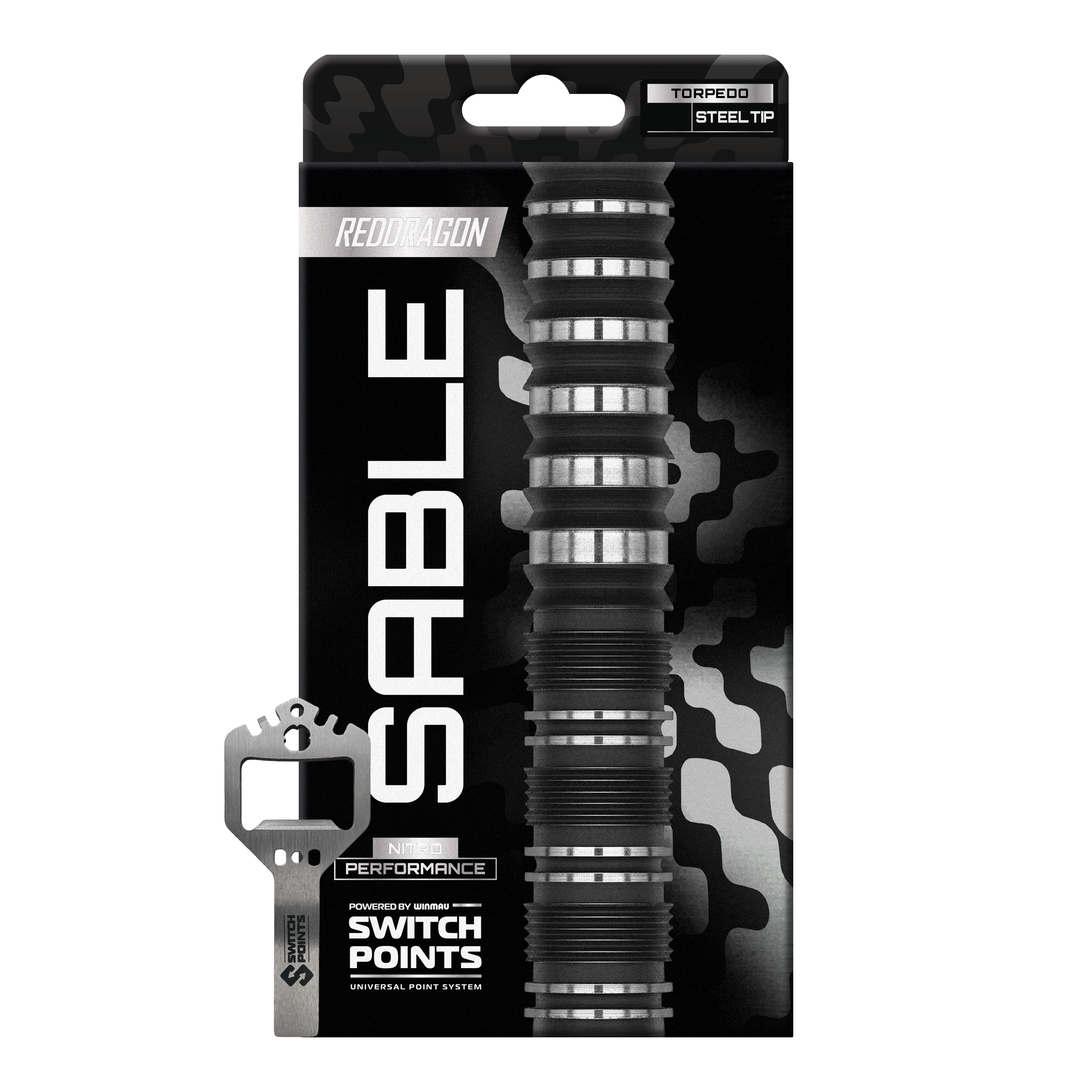 Red Dragon Sable Torpedo Switch Point Steel Darts Hier sieht man die Red Dragon Sable Torpedo Switch Point Steeldarts einzeln dargestellt. Die Oberfläche und das Material der Darts sind gut zu erkennen.