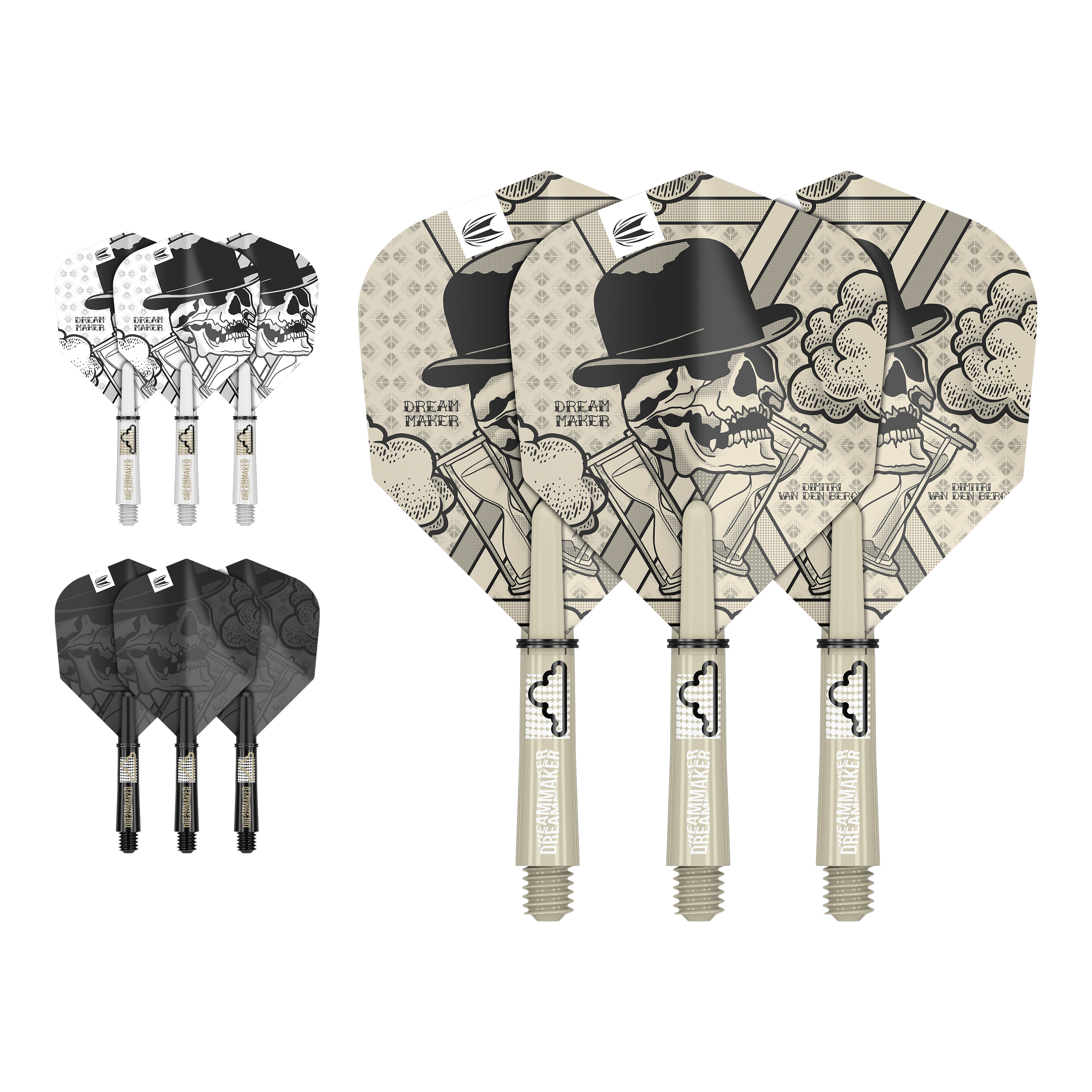 Das Bild zeigt drei unterschiedlich gestaltete Dartflights und -schäfte mit einem Totenkopf-Motiv und dem Text "Dream Maker". Die Designs sind in den Farben Beige, Schwarz und Weiß gehalten.
