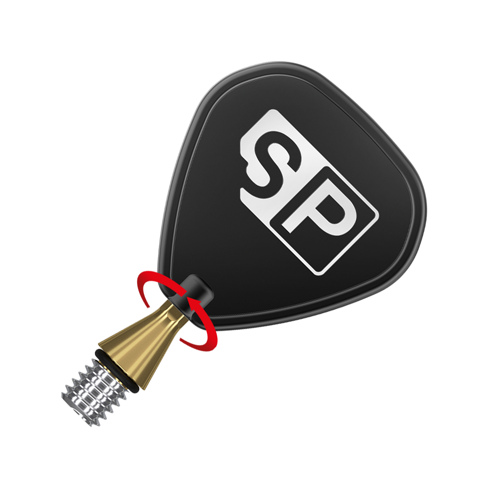380166_Target_Titanium_Swiss_Point_Nano_Conversion_Points_Gold_3 Das Bild zeigt die Target Swiss Point Nano Conversion Points in Goldfarbe. Im Vordergrund ist die goldene Spitze mit einem schwarzen Flight und dem weißen "SP"-Logo zu sehen.