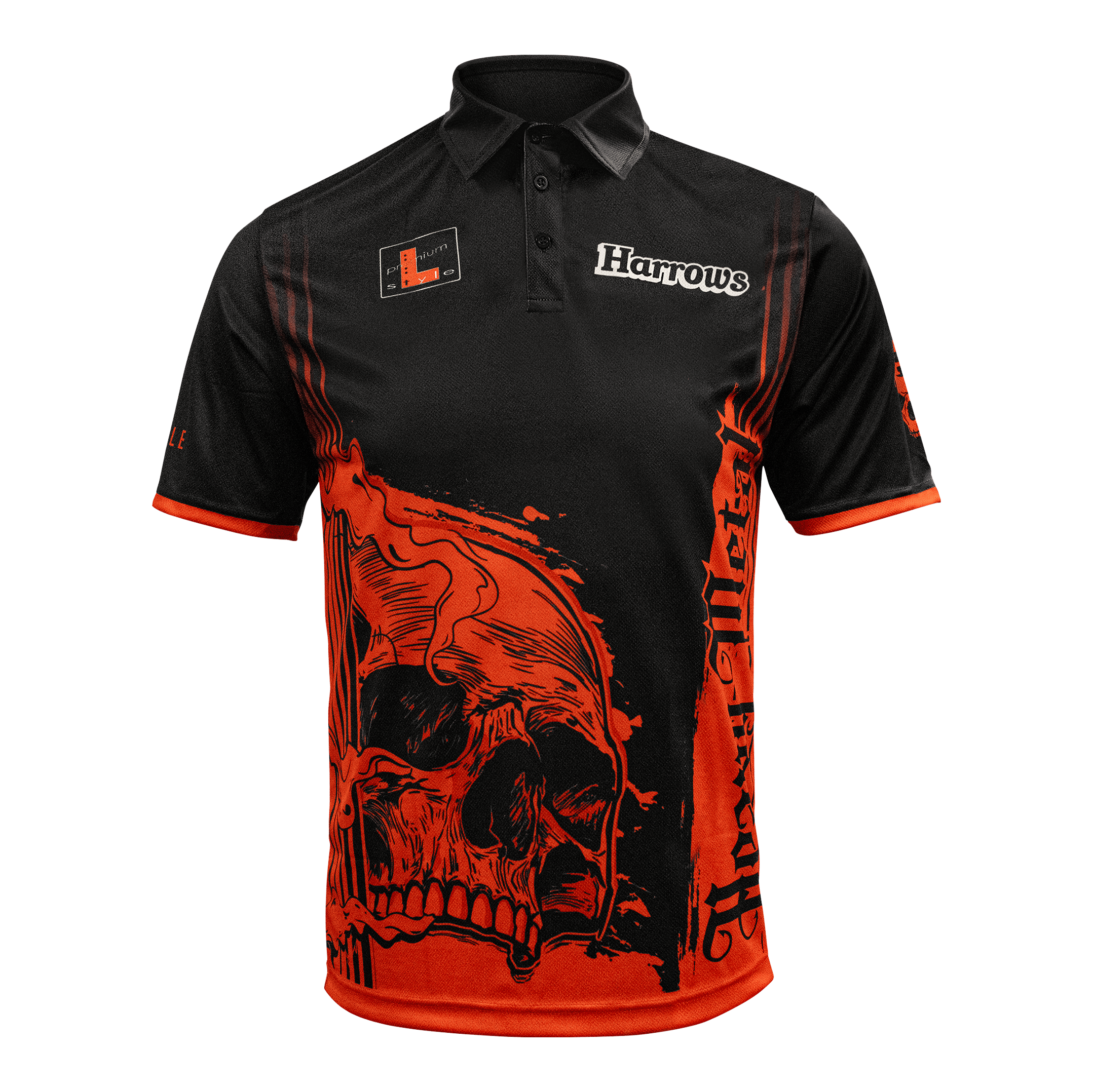 Das Bild zeigt das Harrows Ryan Searle Heavy Metal Playershirt. Es ist ein spezielles Dartshirt, das für Spieler entworfen wurde.