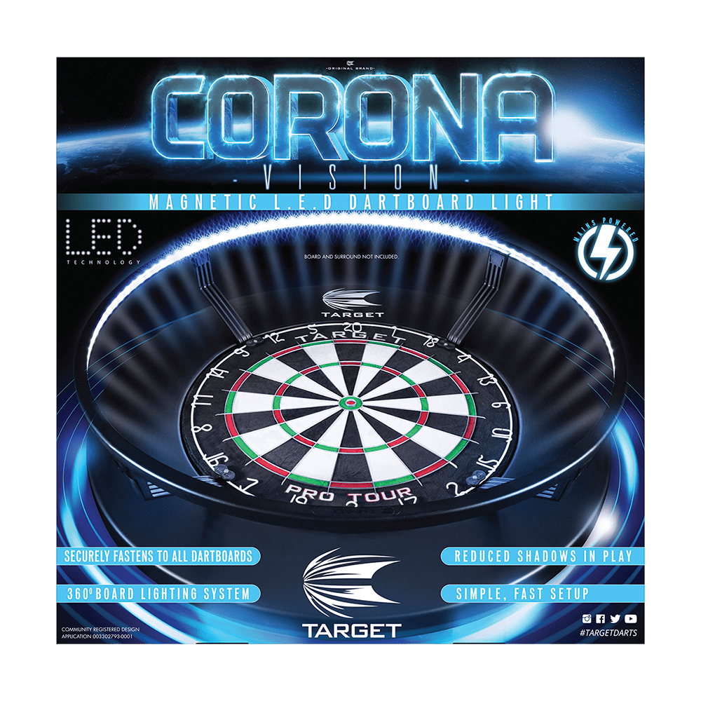 Target CORONA Vision LED Dartboard Lighting System Das Bild zeigt das Produkt „Target CORONA Vision LED Dartboard Lighting System“, das einen Dartboard-Beleuchtungsring darstellt. Es hebt die LED-Technologie und eine gleichmäßige Ausleuchtung für weniger Schatten beim Dartspielen hervor.