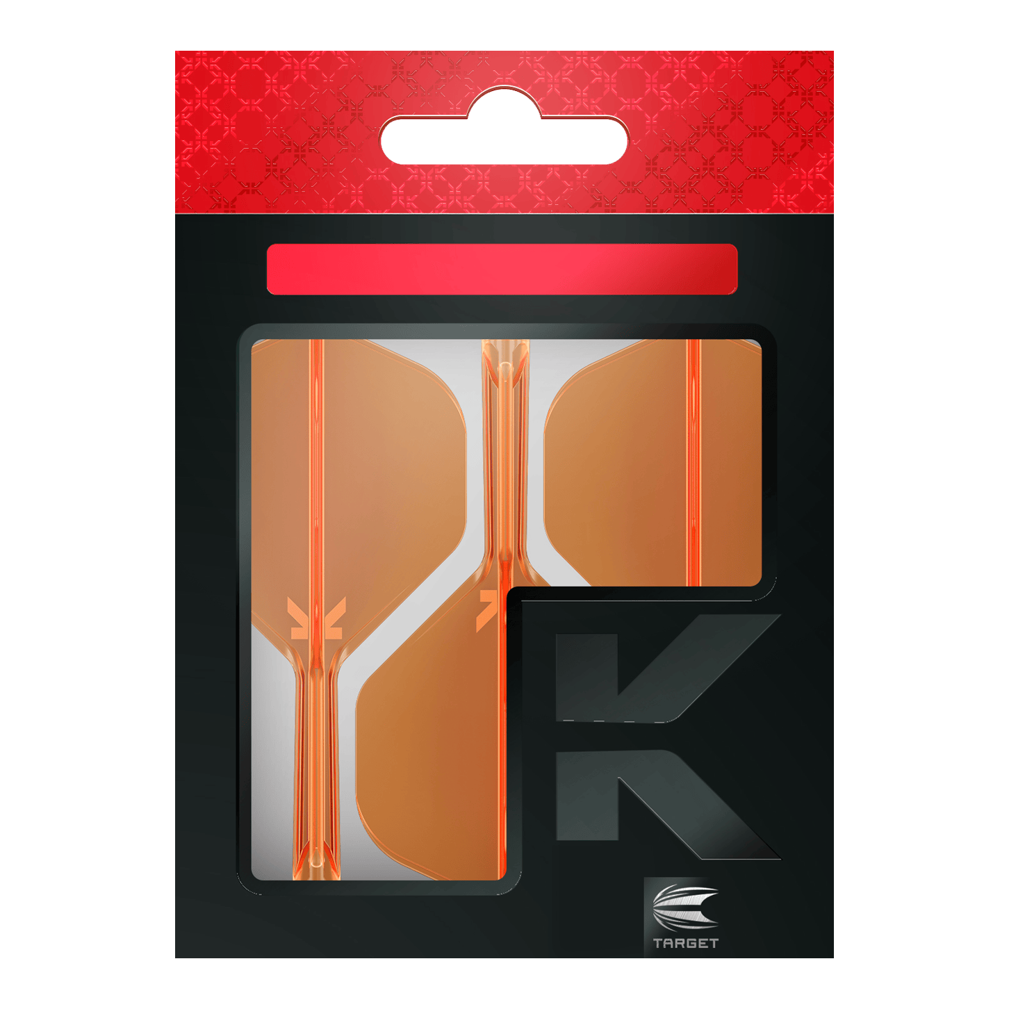 Target K-Flex No2 Standard Flight System - Neon Orange Die Abbildung zeigt eine Packung mit orangenen Dart-Flights der Marke Target. Die Verpackung ist überwiegend schwarz mit einem roten oberen Abschnitt.