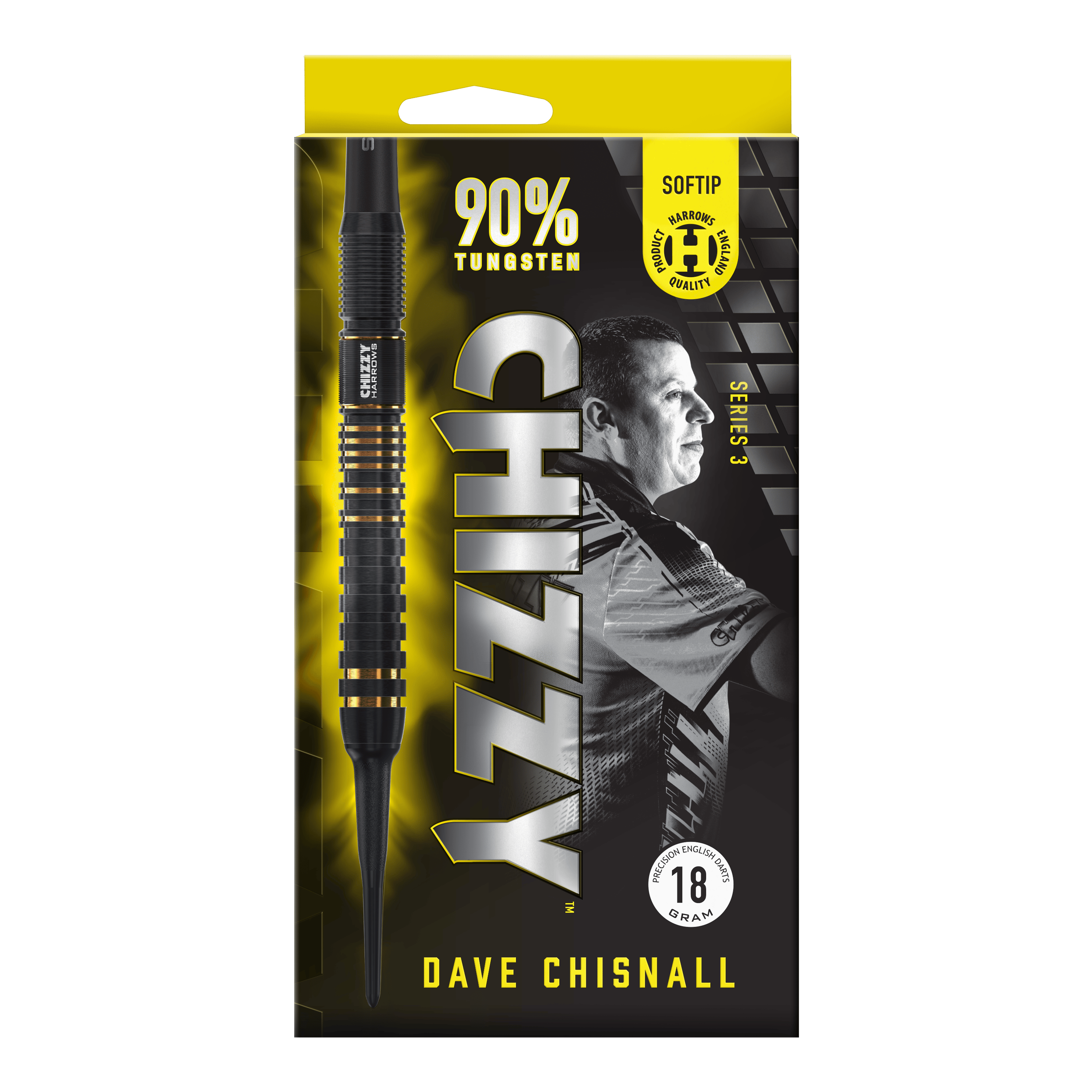 Harrow's Dave Chisnall Chizzy Series 3 soft darts Das Bild zeigt die Verpackung der "Harrows Dave Chisnall Chizzy Series 3 Softdarts". Auf der Verpackung stehen Informationen wie "90% Tungsten", "Softtip" und das Gewicht von 18 Gramm.