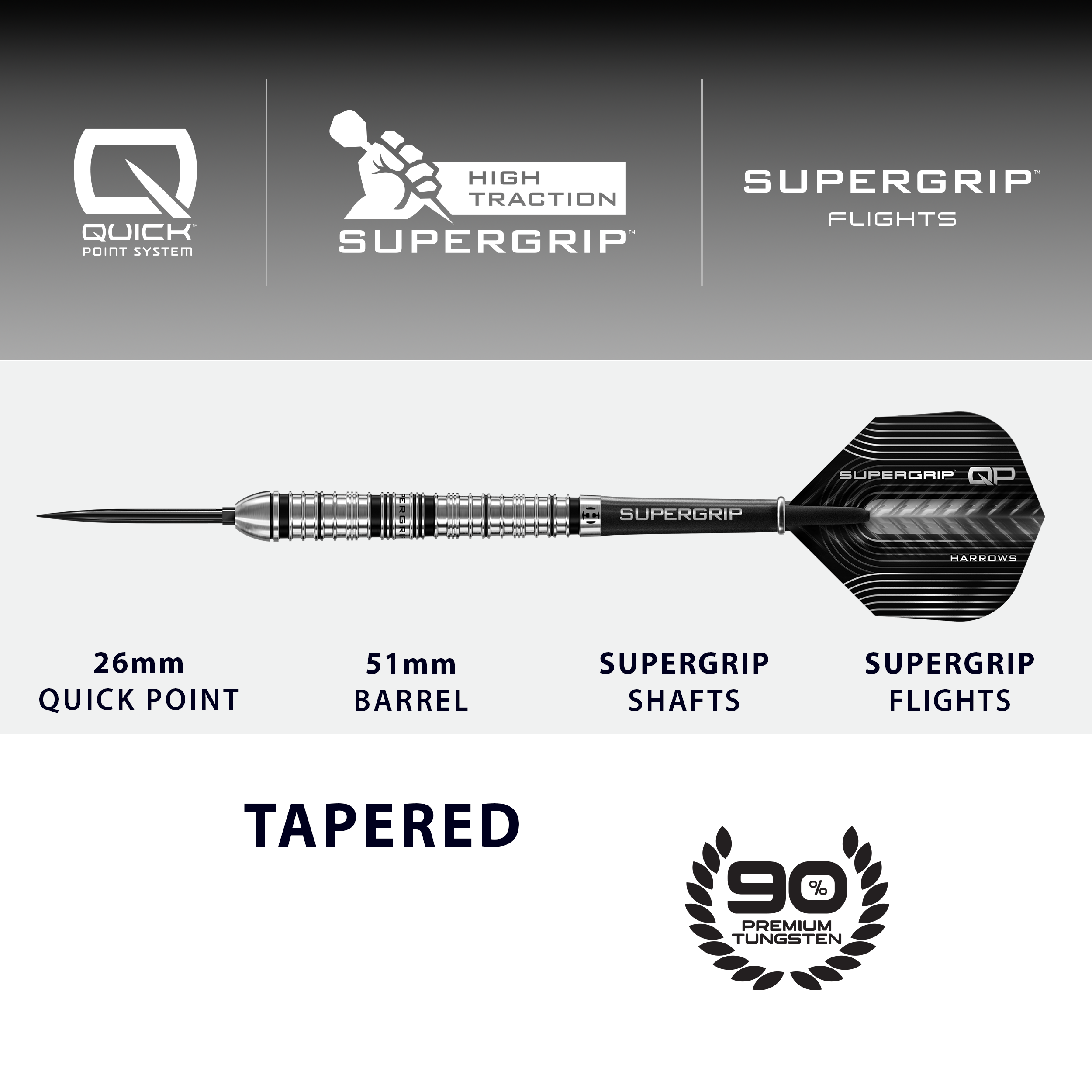 Harrows Supergrip Tapered Quick Point Steel Darts Abgebildet sind die Harrows Supergrip QP Tapered Quick Point Steeldarts. Sie eignen sich ideal für ein präzises Dartspiel.