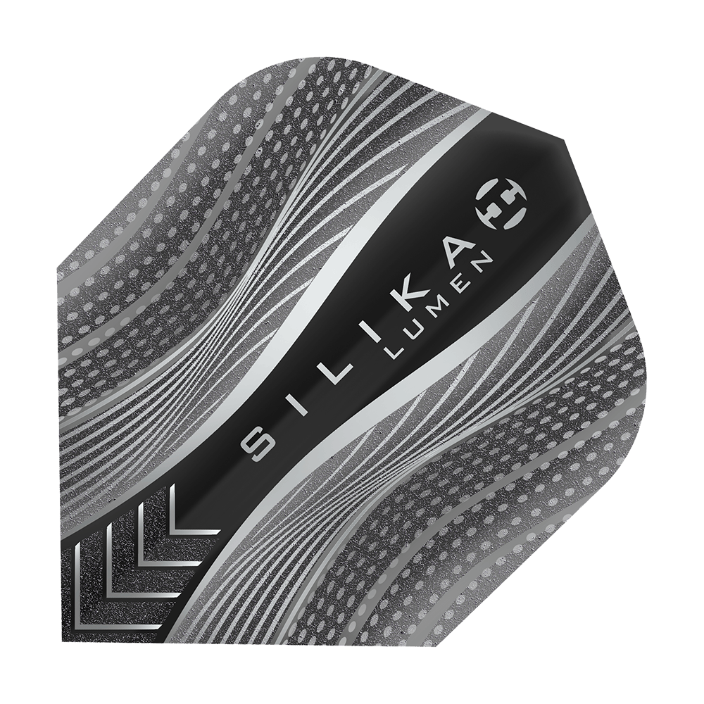 HF5127_Harrows_Silika_Lumen_Black_No6_Flights_1CwrZbkDmIpoit Das Bild zeigt das Produkt "Harrows Silika Lumen Black No6 Flights". Das Flight hat ein modernes, schwarz-graues Design mit dynamischen Linien und Punkten.