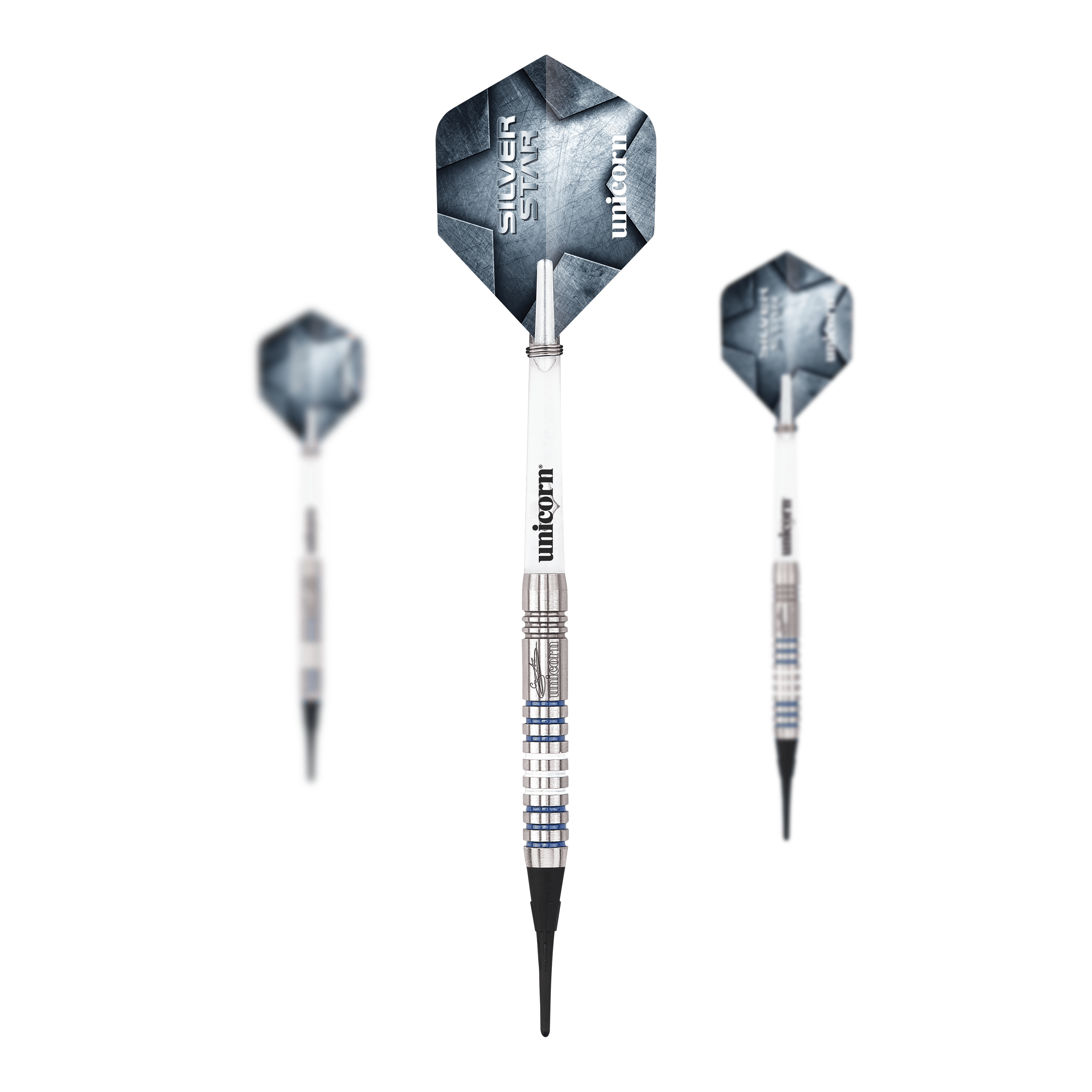 Unicorn Silver Star Var.3 Gary Anderson soft darts Das Produkt Unicorn Silver Star Var.3 Gary Anderson Softdarts ist als Set abgebildet. Man sieht die Dartpfeile in einer Verpackung angeordnet.