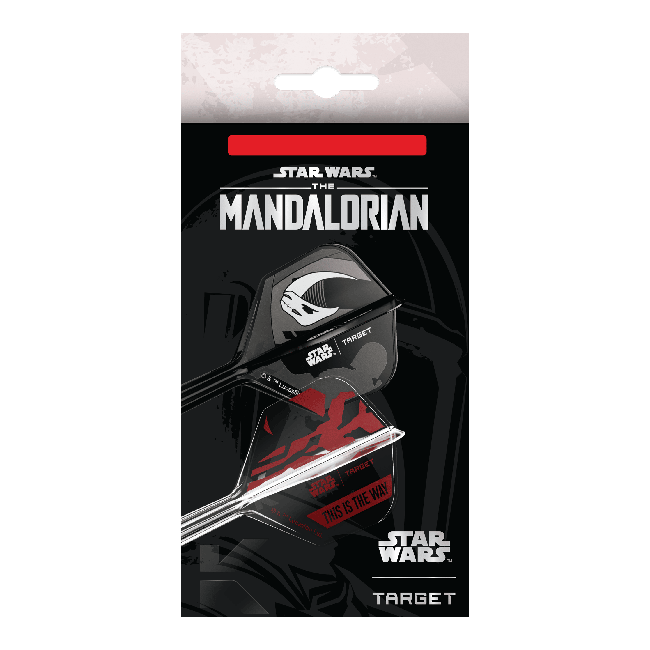 Das Bild zeigt das Target Star Wars K-Flex-Set Mandalorian No6 Flights. Das Produkt ist ein Dart-Set mit Mandalorian-Design aus der Star Wars Reihe.