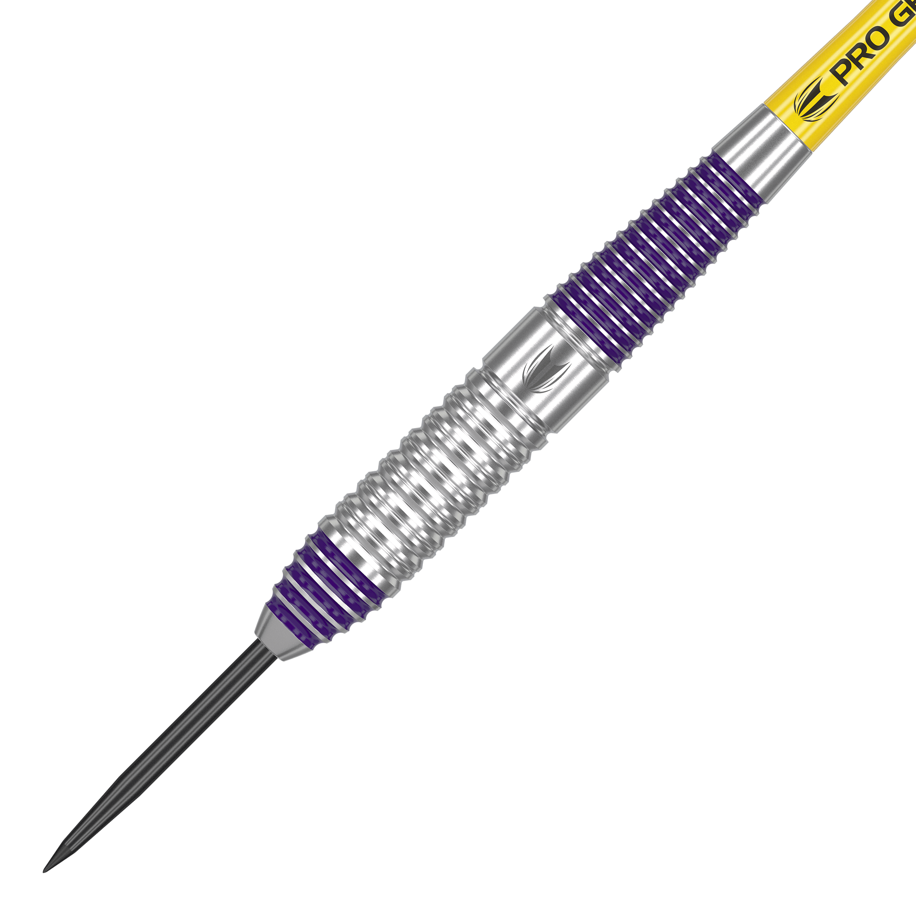 Target Luke Littler Brass Steel Darts - 22g Das Bild zeigt einen Target Luke Littler Brass Steeldart mit einem Gewicht von 22g. Der Dart hat silberne und violette Rillen am Griff sowie eine gelbe Beschriftung am Schaft.