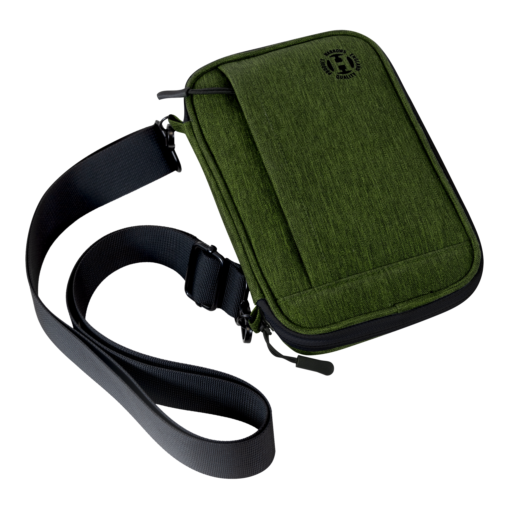 Harrows Smart Case XL dart wallet Auf dem Bild ist eine grüne Tragetasche mit einem schwarzen Schultergurt zu sehen. Die Tasche hat eine Klappe und wirkt robust und modern.