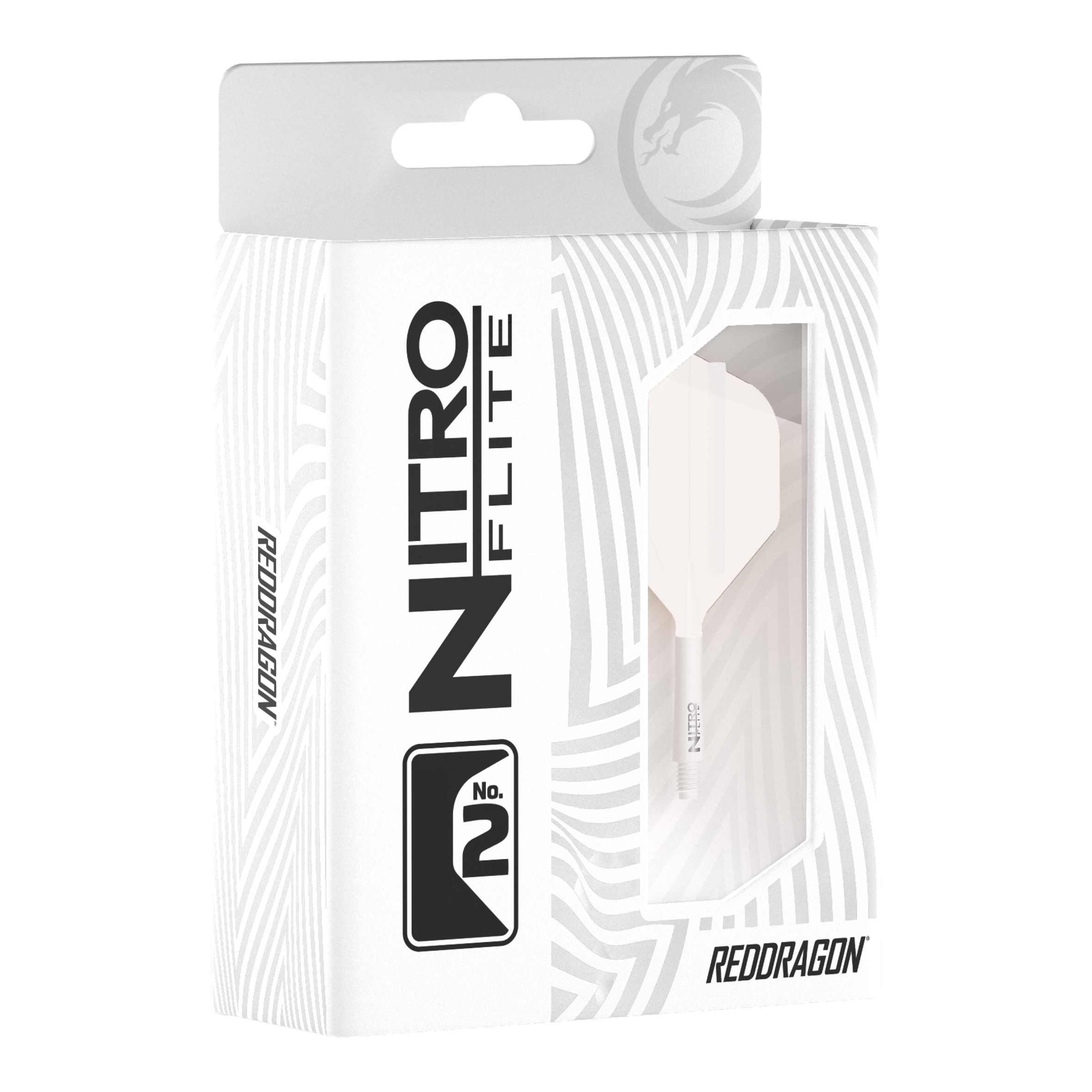 Hier sind die Red Dragon Nitroflite White Shaft White Flights No2 zu sehen. Sie sind für Dartpfeile gedacht und komplett in Weiß gestaltet.