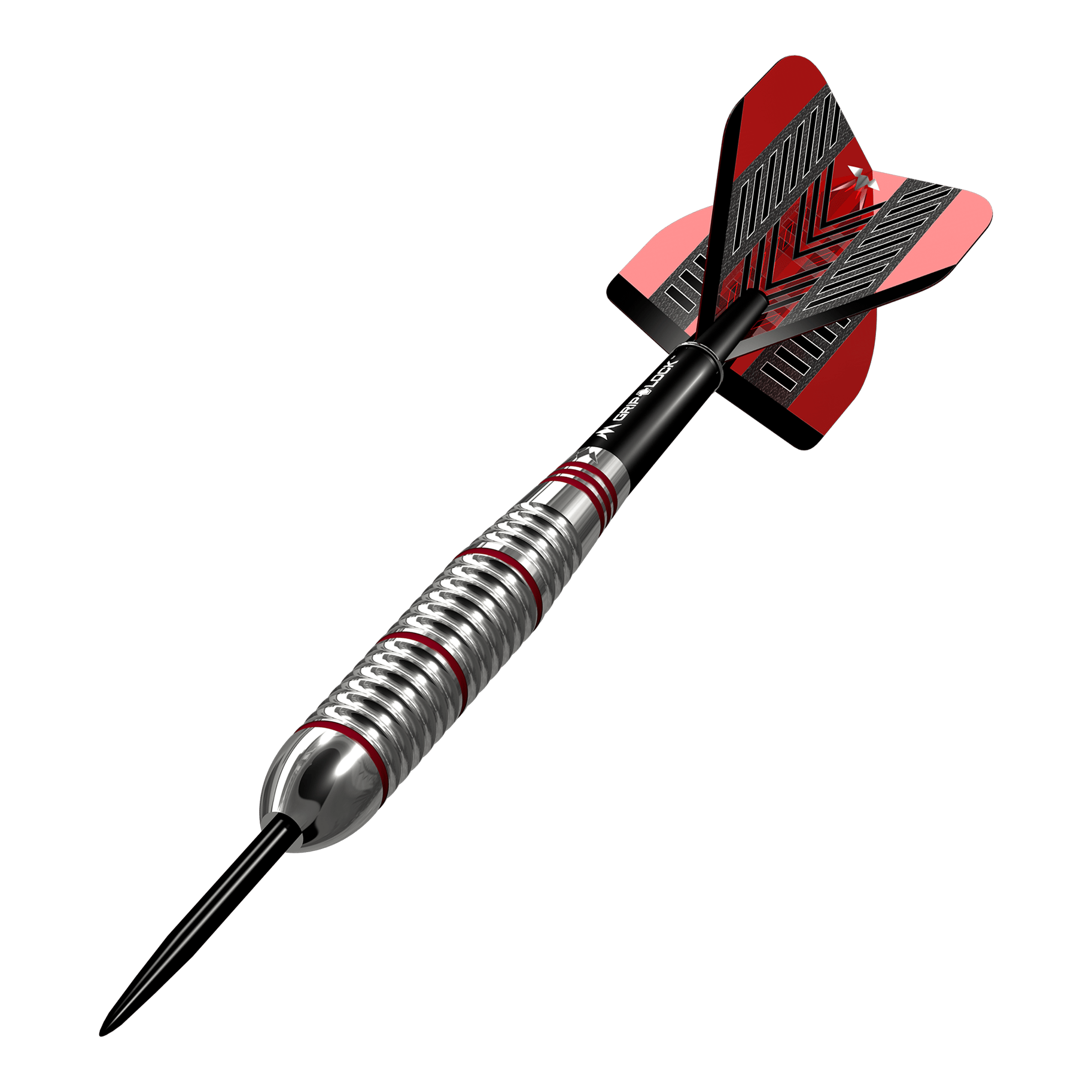 Mission Rogue Brass Steel Darts - 22g Das Bild zeigt einen Mission Rogue Brass Steeldart mit einem Gewicht von 22g. Der Dartpfeil hat ein silbernes Griffstück mit roten Akzenten und rote Flights.
