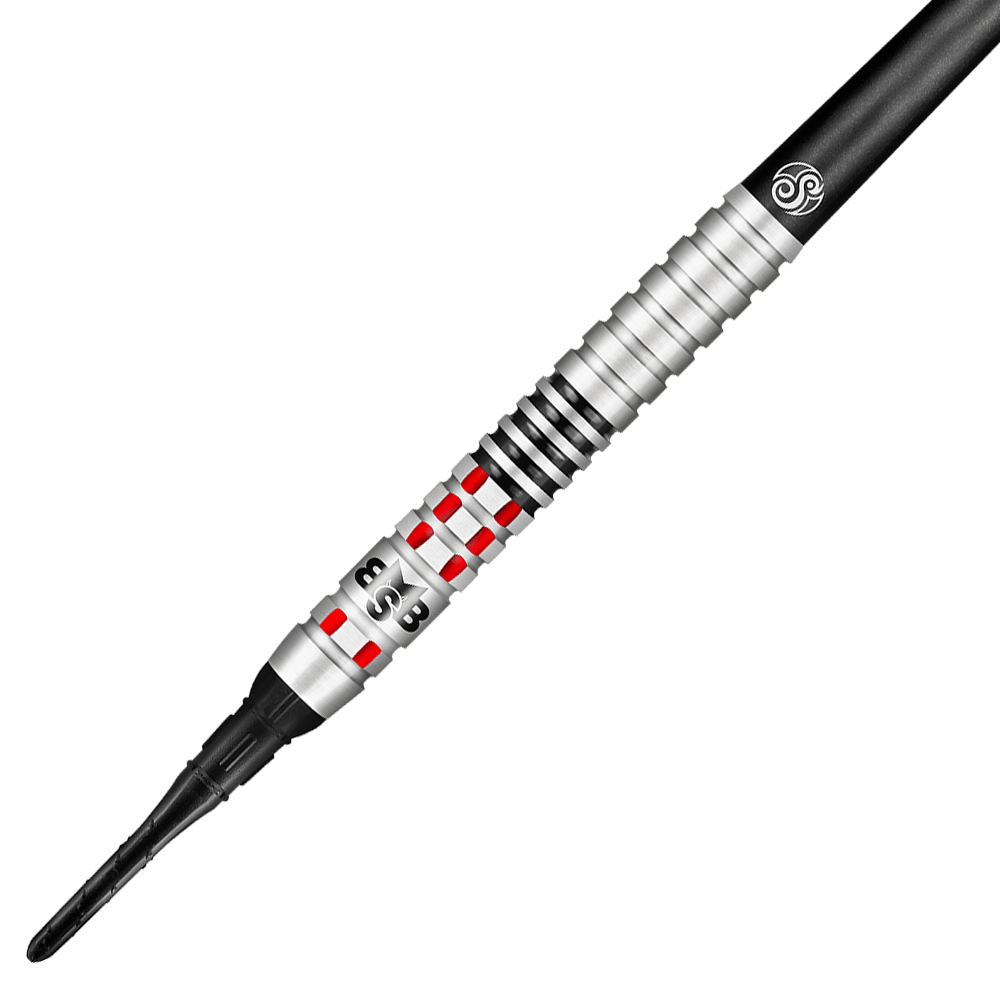 Shot Michael Smith Achieve Soft Darts Das Bild zeigt einen Shot Michael Smith Achieve Softdart. Der Dartpfeil ist silberfarben mit roten und schwarzen Akzenten und hat eine strukturierte Griffzone.