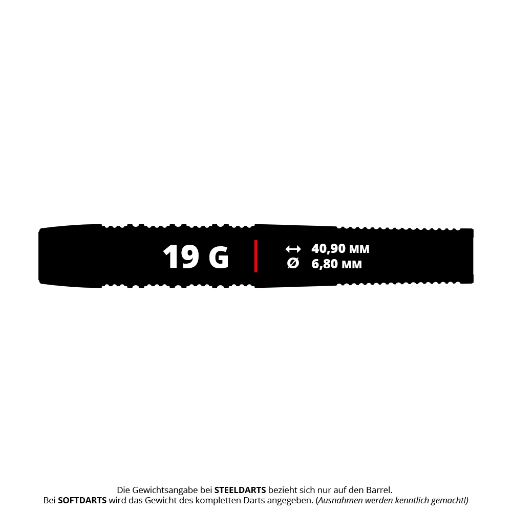 Target Stephen Bunting 95K Soft Darts - 19g Das Bild zeigt die Produktdaten der Target Stephen Bunting 95K Softdarts mit einem Gewicht von 19 Gramm. Die Länge beträgt 40,90 mm und der Durchmesser 6,80 mm.