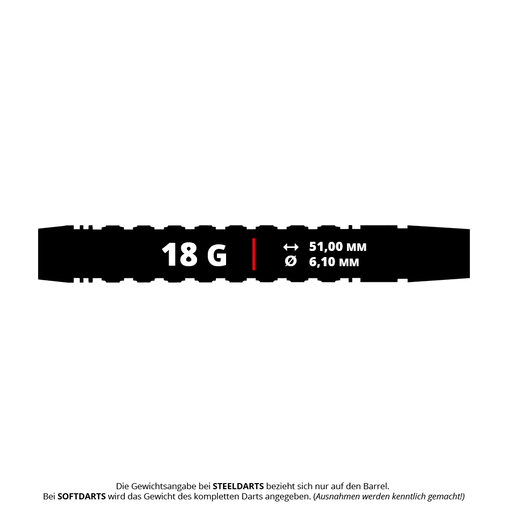 Harrow's Luke Woodhouse Series 2 Soft Darts - 18g Das Bild zeigt die Maße und das Gewicht des Produkts "Harrows Luke Woodhouse Series 2 Softdarts - 18g". Der Softdart wiegt 18 Gramm, ist 51,00 mm lang und hat einen Durchmesser von 6,10 mm.