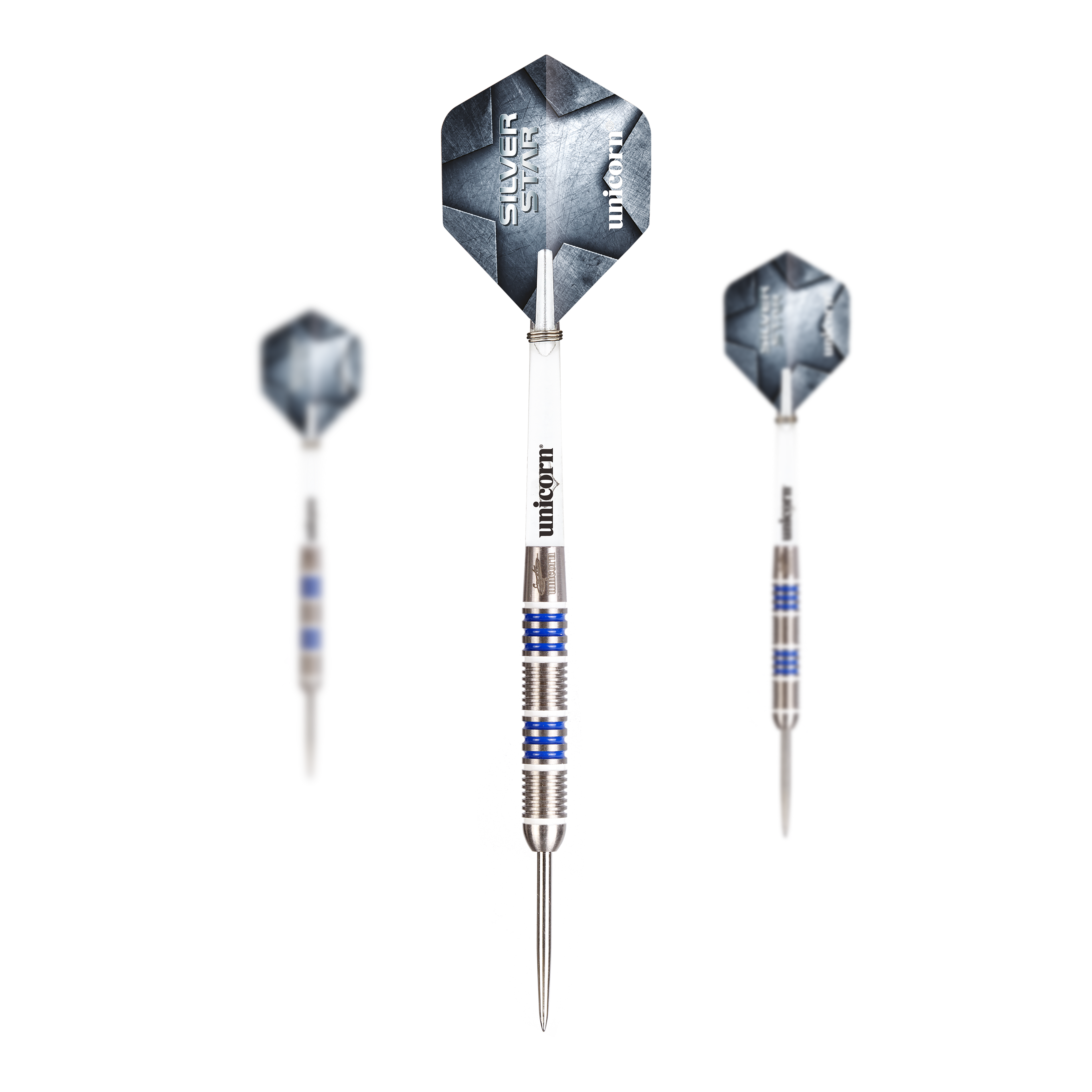 Unicorn Silver Star Var.4 Gary Anderson steel darts Abgebildet ist ein Set Unicorn Silver Star Var.4 Gary Anderson Steeldarts. Das Set besteht aus mehreren silbernen Darts mit Flights.