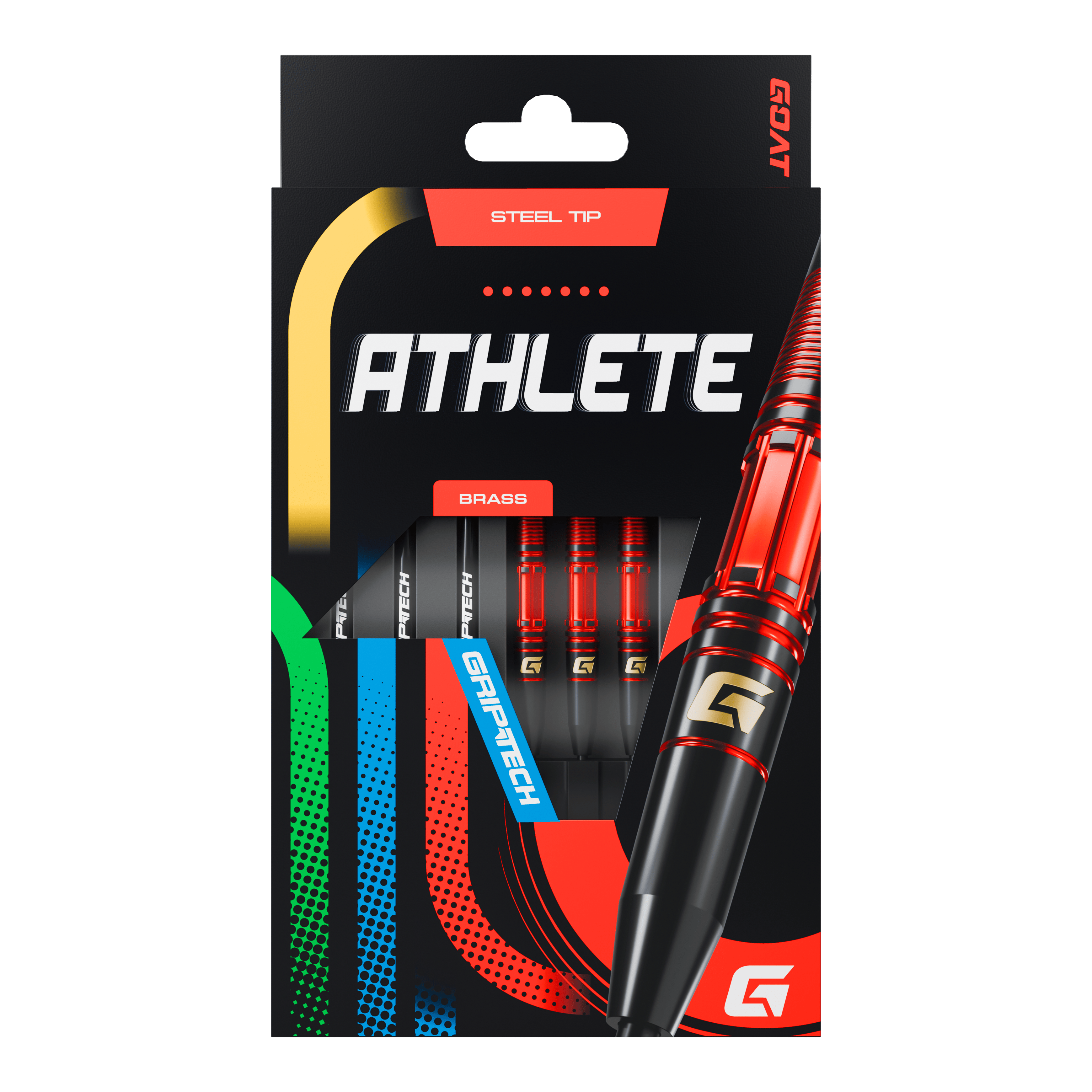GOAT Athlete Red Brass Steeldarts - 11g Das Bild zeigt die Verpackung der GOAT Athlete Red Brass Steeldarts mit einem Gewicht von 11g. Die Darts haben eine rote und schwarze Farbgebung und verfügen über eine Stahlspitze.