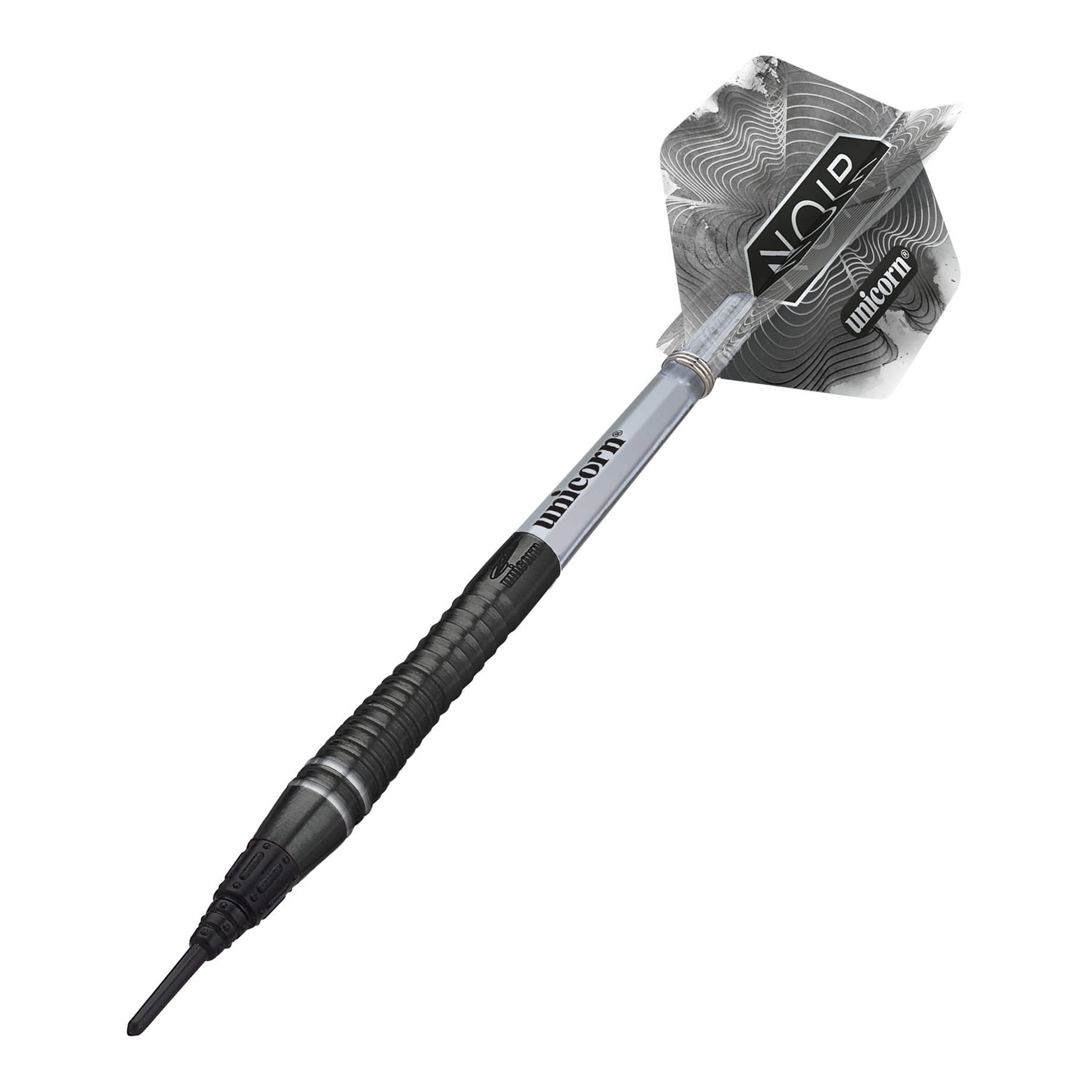 Unicorn World Champion Gary Anderson Noir Phase 6 Soft Darts Das Bild zeigt einen Unicorn World Champion Gary Anderson Noir Phase 6 Softdart. Der Dartpfeil ist schwarz-silbern und hat ein modernes, gemustertes Flight-Design.