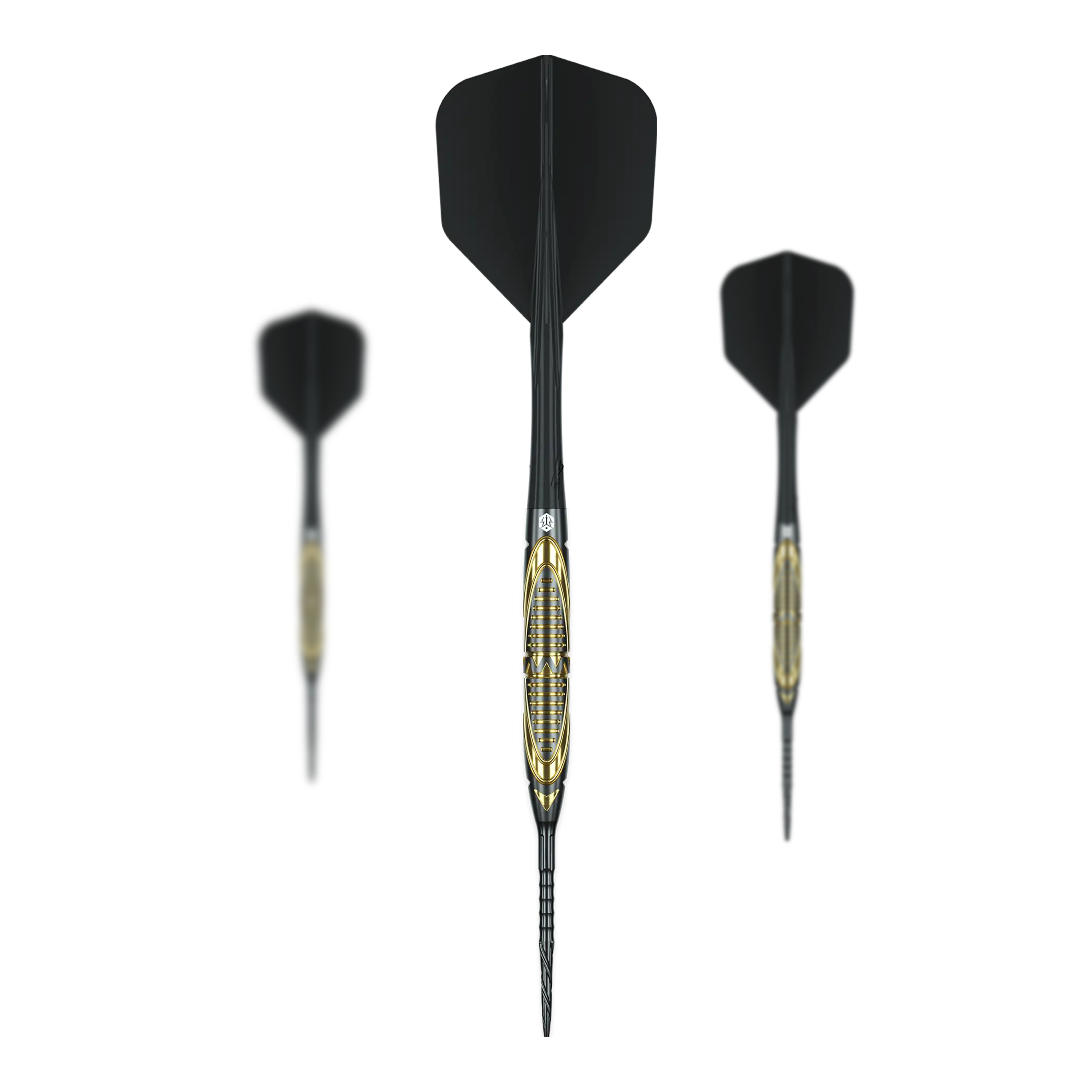 Auf dem Foto sind die Caliburn Halo H2 Steeldarts - 22,5g als komplettes Set zu sehen. Die Steeldarts liegen nebeneinander angeordnet.