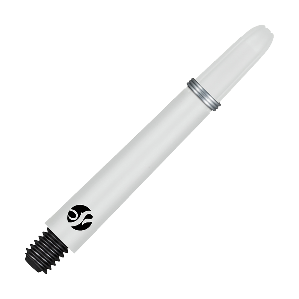 Shot Koi Carbon Shafts - White Das Bild zeigt einen weißen Carbon-Schaft mit einem schwarzen Gewinde und silbernem Ring. Auf dem Schaft ist ein schwarzes Logo zu sehen.