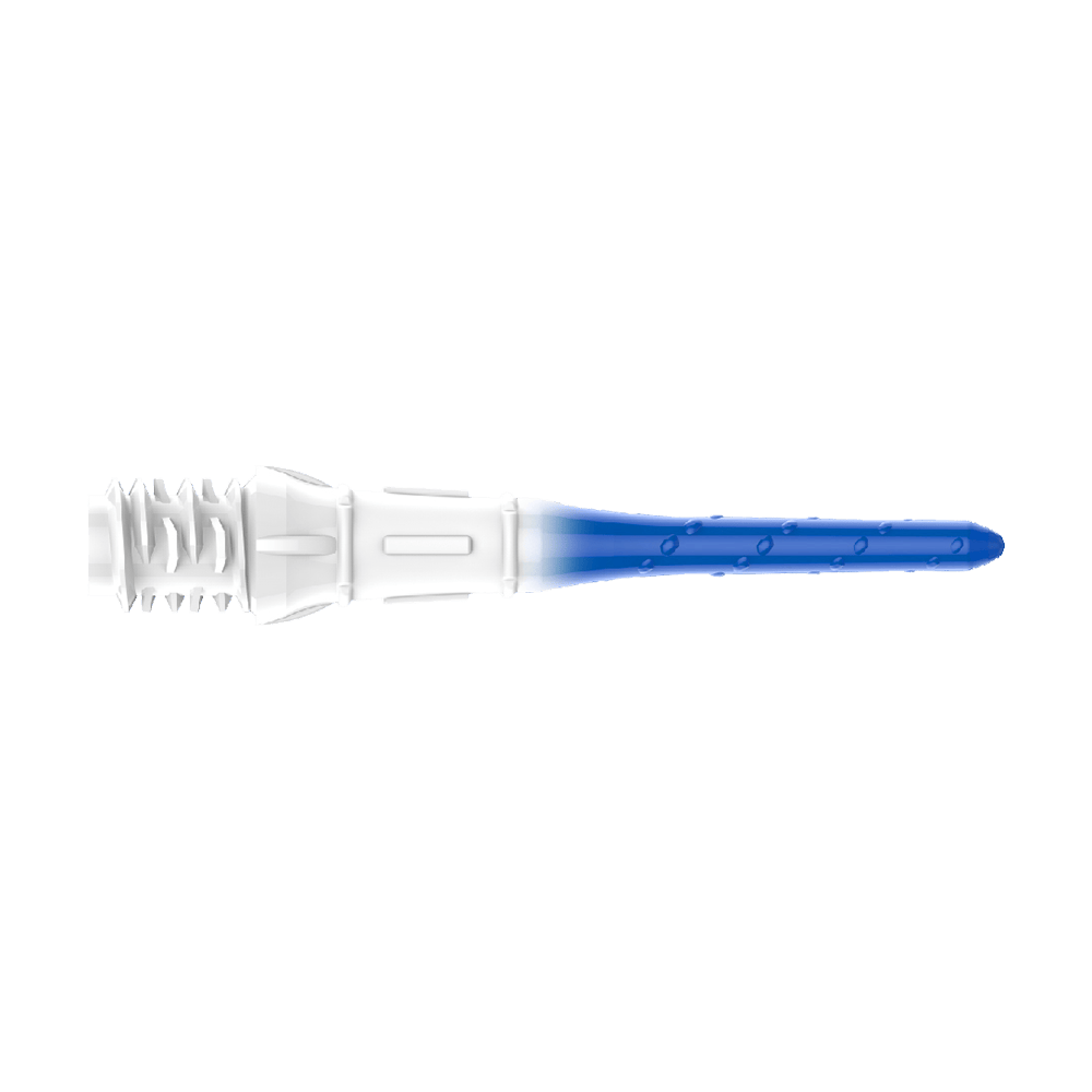 L-Style Premium Lippoint Gradiation Dart Tips (Pack of 30) Das Bild zeigt eine Dartspitze mit einem Farbverlauf von Weiß zu Blau. Die Spitze hat kleine Einkerbungen entlang des blauen Teils.