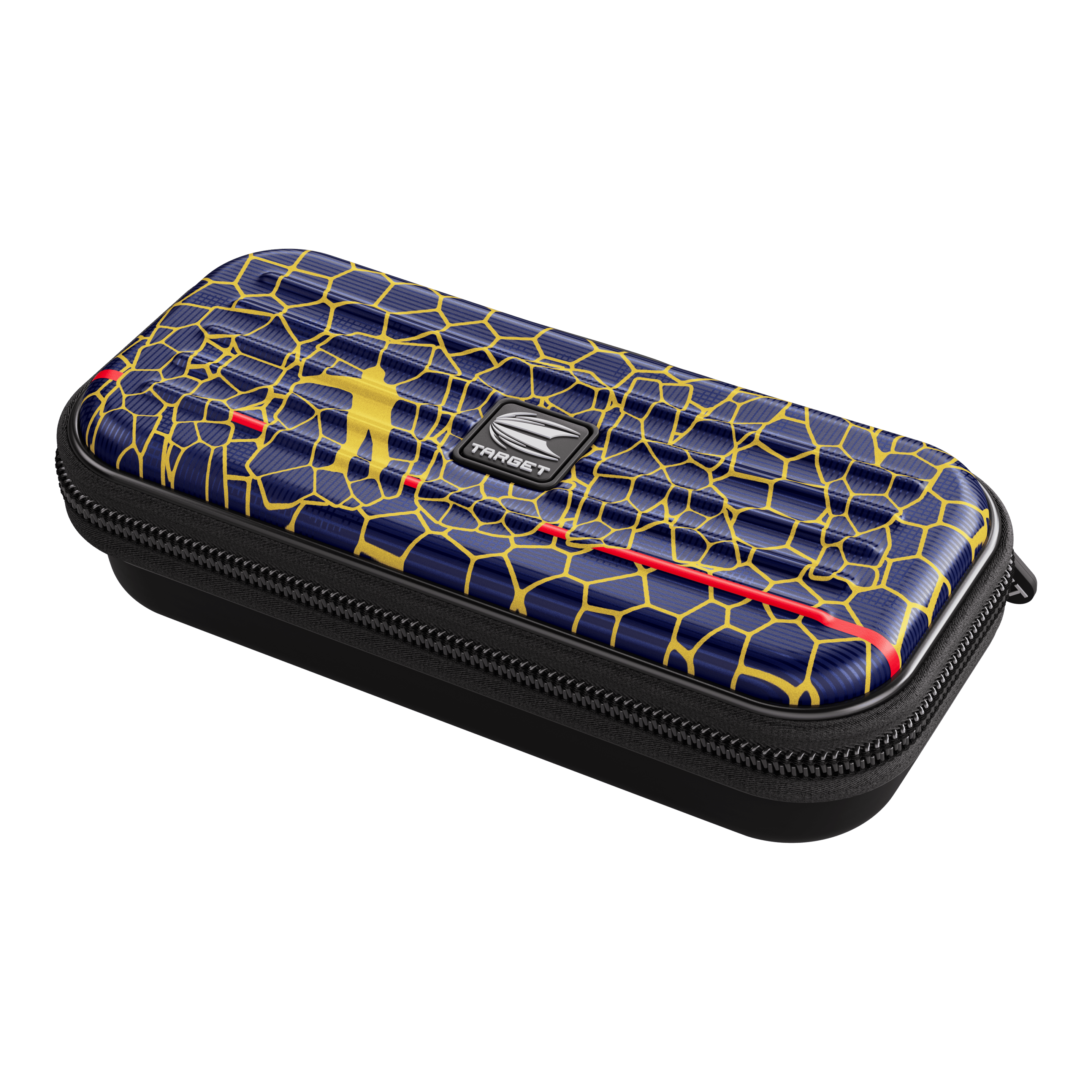 Target Takoma Josh Rock dart case Das Bild zeigt das Produkt "Target Takoma Josh Rock Dartcase". Das Dartcase hat ein auffälliges Design mit gelben Linien auf dunkelblauem Hintergrund und einem kleinen Logo in der Mitte.