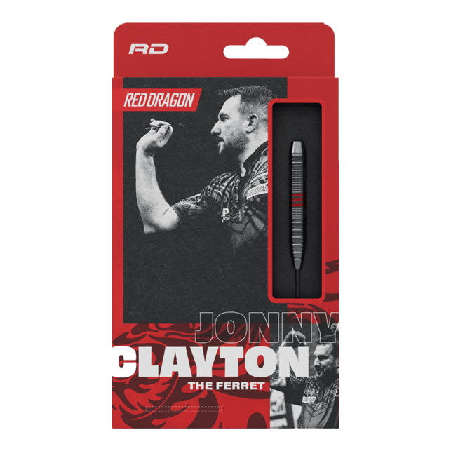 Red Dragon Jonny Clayton Core Brass Steeldarts - 21g Zu sehen sind die Red Dragon Jonny Clayton Core Brass Steeldarts mit einem Gewicht von 21g. Die Darts haben einen silbernen und goldenen Schaft mit roten und schwarzen Flights.