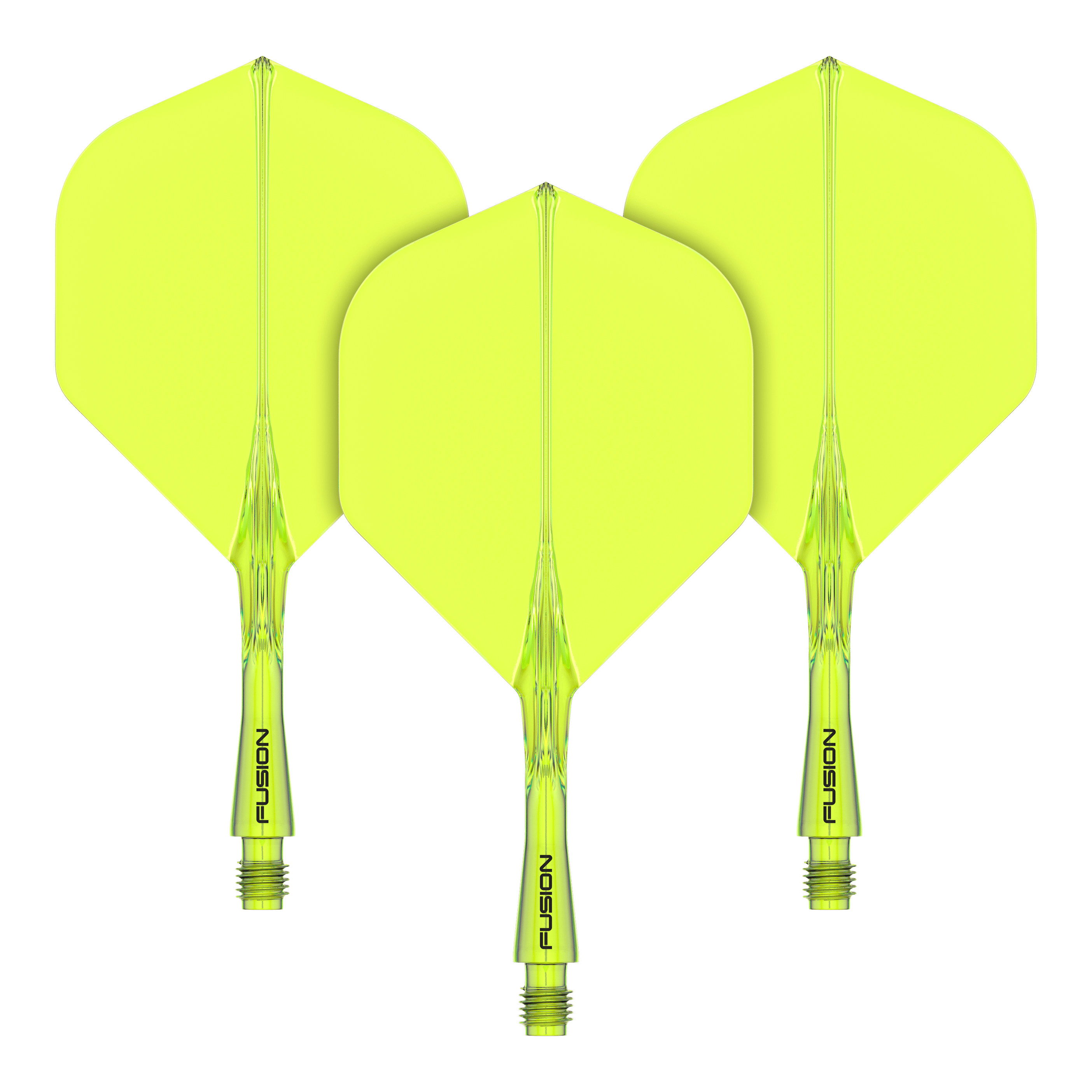 Winmau Fusion Flight Shaft System Standard Yellow Das Bild zeigt drei gelbe Dartflights mit Schaftsystem. Auf den Schäften steht das Wort "FUSION" geschrieben.