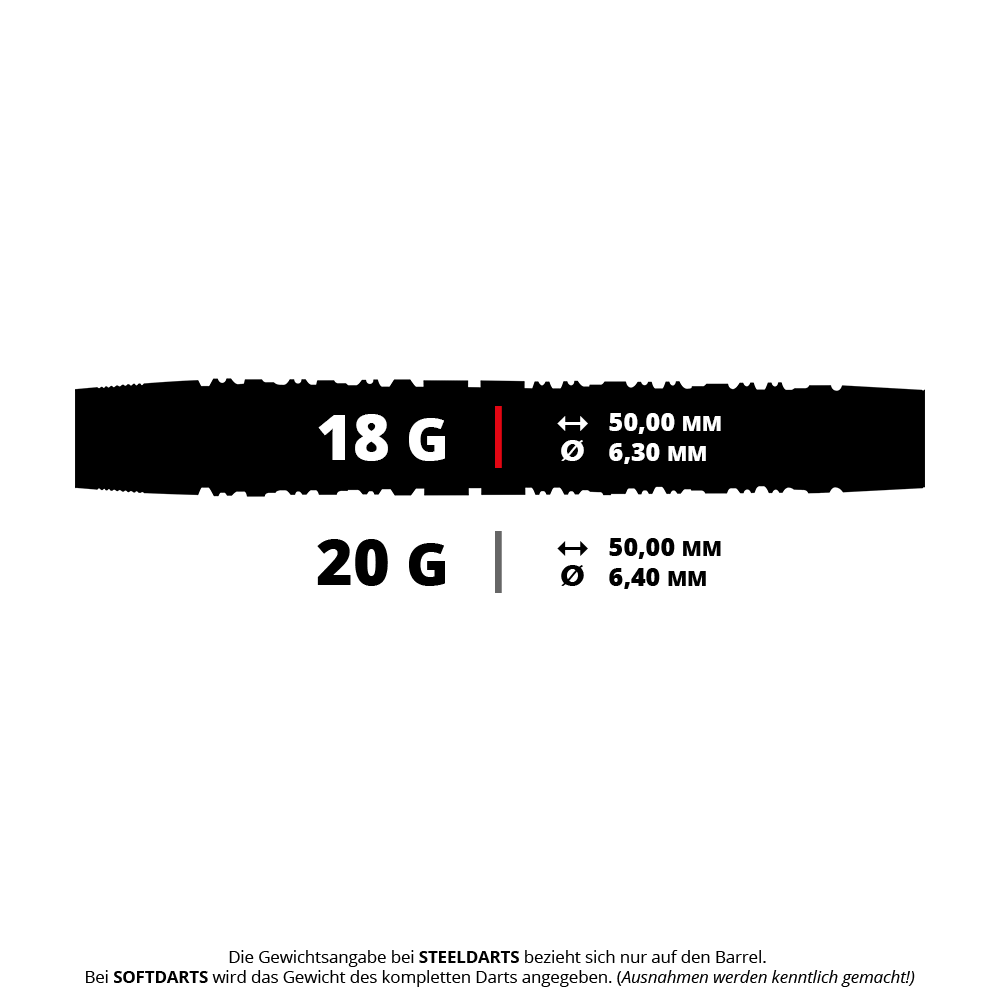 Harrow's Damon Heta Series 3 soft darts Das Bild zeigt zwei verschiedene Dartspezifikationen mit den Gewichten 18 g und 20 g. Die Länge beträgt jeweils 50,00 mm, der Durchmesser ist 6,30 mm bei 18 g und 6,40 mm bei 20 g.