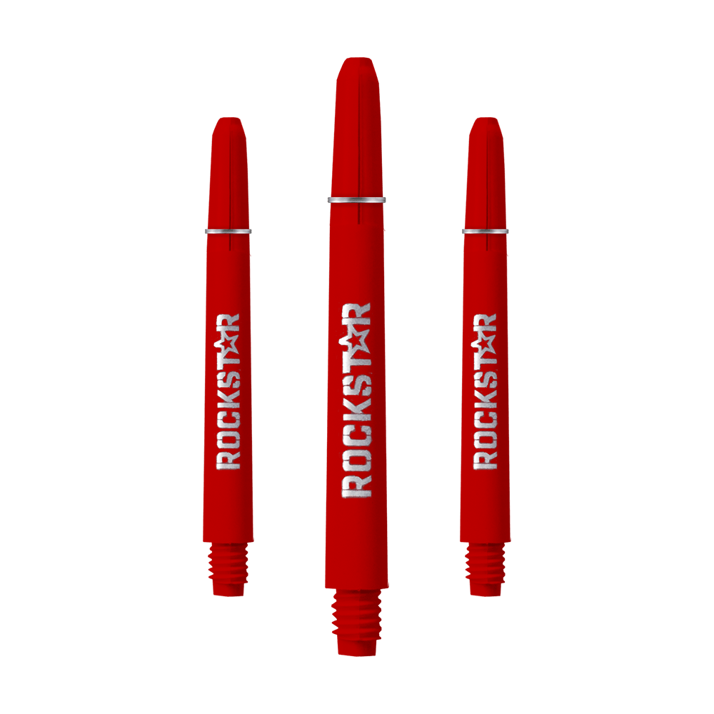 Auf dem Bild sind drei rote Rockstar Shafts mit 49 mm Länge zu sehen. Die Shafts haben einen weißen "ROCKSTAR"-Schriftzug und sind unten mit einem Gewinde versehen.