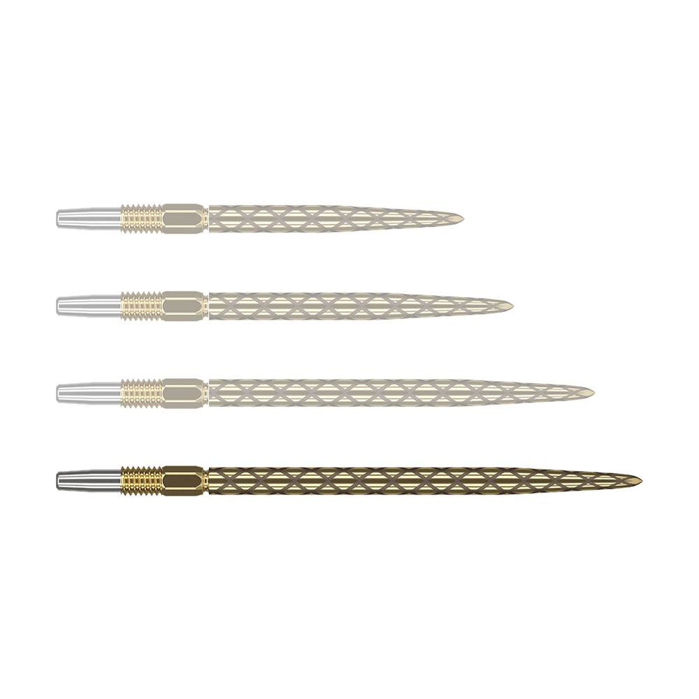 Target Swiss Diamond Pro Gold dart tips Das Bild zeigt vier goldfarbene Dartspitzen mit einem rautenförmigen Muster. Die Spitzen liegen parallel nebeneinander auf einem grünen Hintergrund.