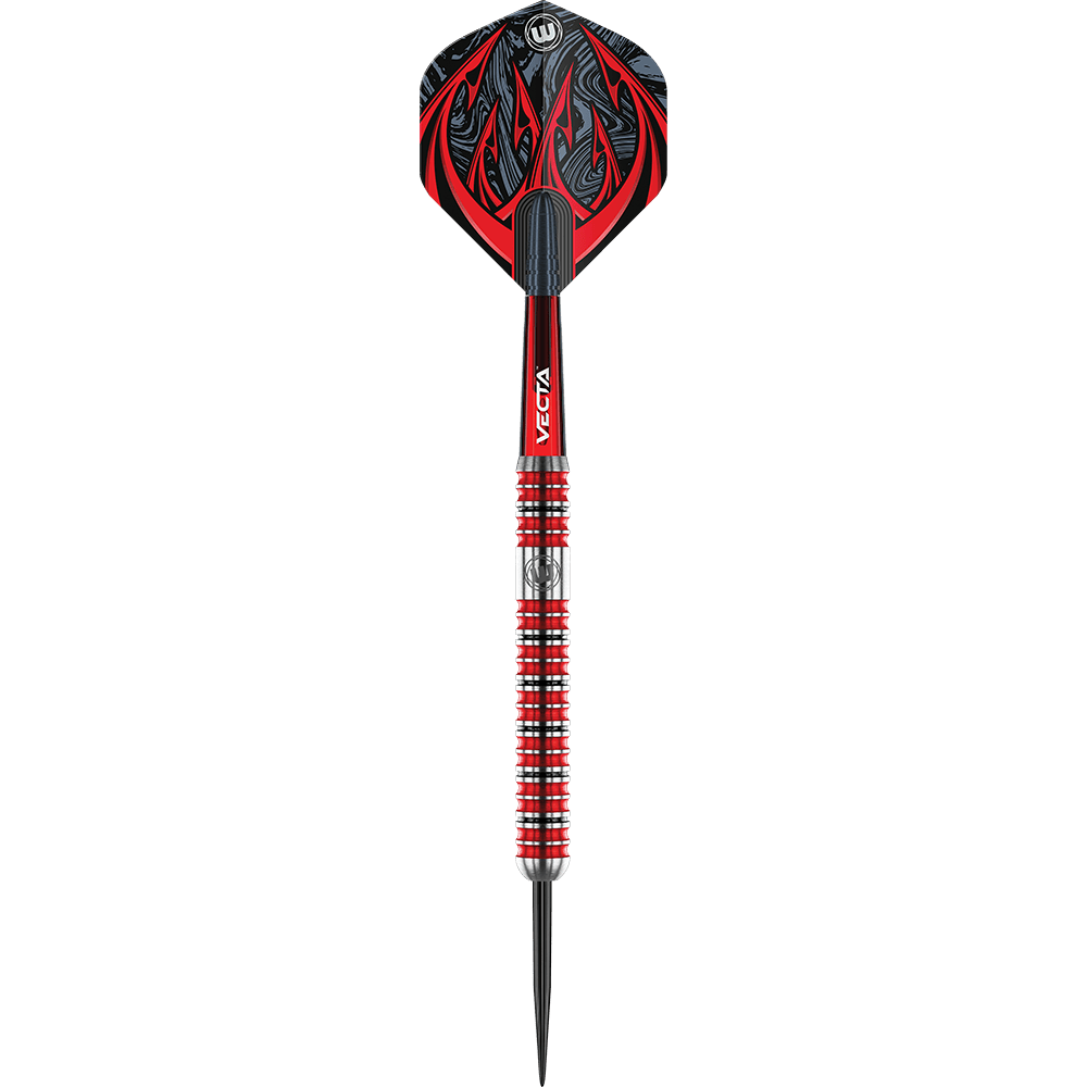 1480_Winmau_Diablo_Parallel_Steeldarts_1 Der Dartpfeil hat ein auffälliges Design in Rot, Schwarz und Silber mit roten Flammen auf den Flights. Der Schaft ist mit mehreren silbernen Ringen versehen und trägt die Aufschrift "VECTA".