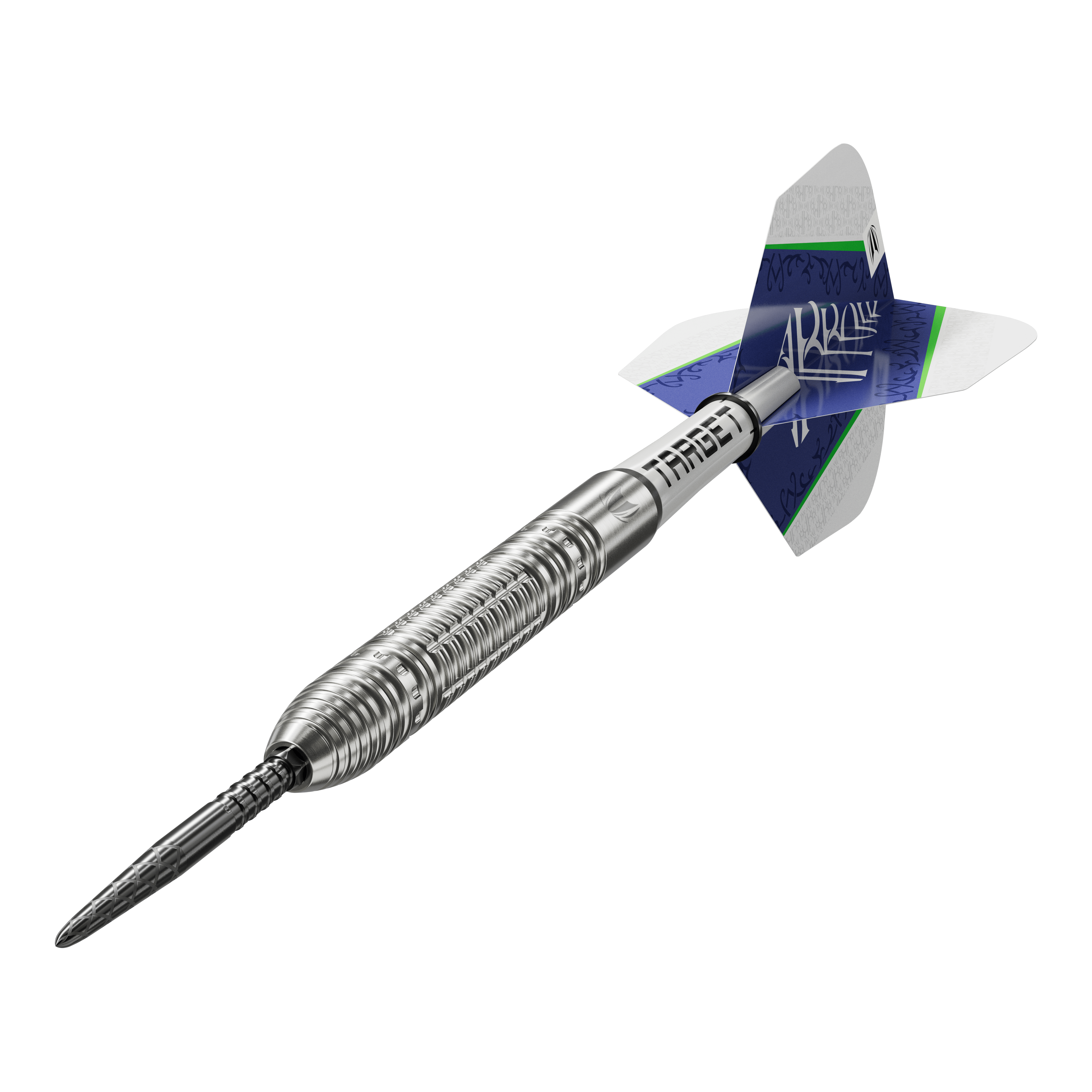 Target Shane McGuirk GEN1 Swiss Point Steel Darts - 23g Das Bild zeigt den Target Shane McGuirk GEN1 Swiss Point Steeldart mit einem Gewicht von 23g. Der Dart hat ein silbernes, geriffeltes Barrel und blaue Flights mit weiß-grünen Akzenten.