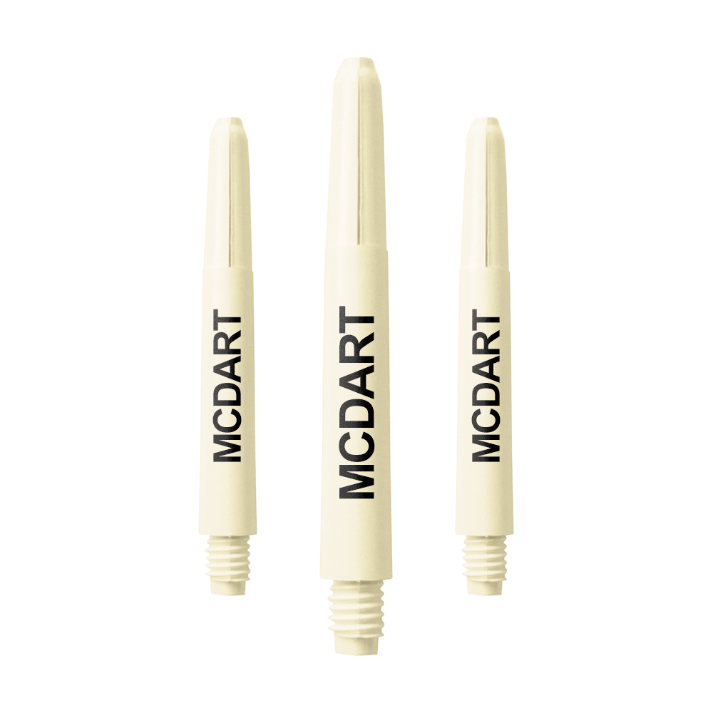 Auf dem Bild sind drei naturweiße Nylon-Dartschäfte mit Gewinde zu sehen. Auf jedem Schaft steht in schwarzer Schrift das Wort "MCDART".