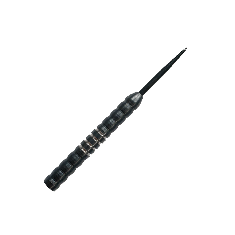 McDart Midnight V1 steel dart barrels Das Bild zeigt einen McDart Midnight V1 Steeldart Barrel. Der Barrel ist schwarz mit silbernen Ringen und hat eine strukturierte Oberfläche für besseren Halt.
